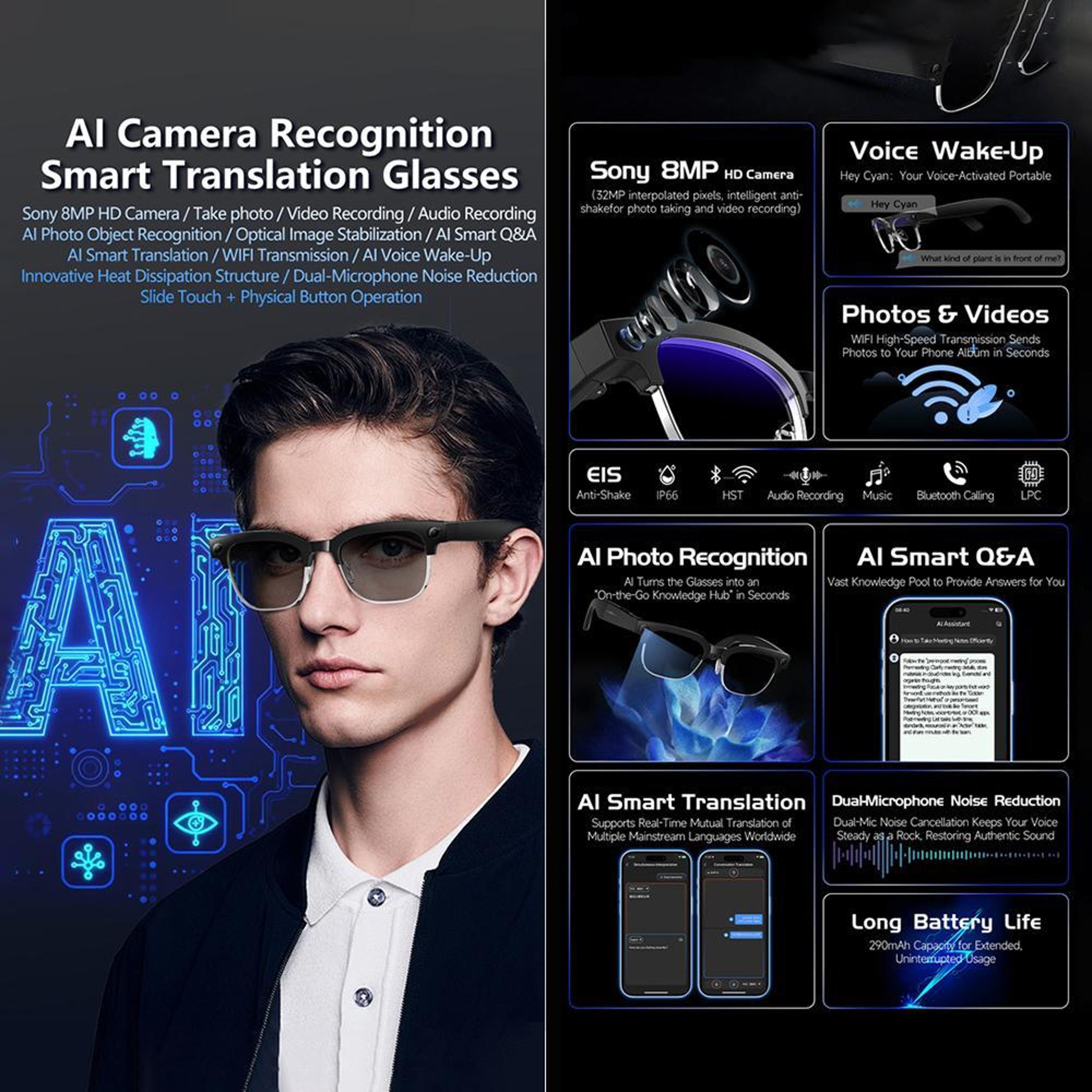 AI Smart Glasses With 8MP Camera Real Time Translation  Bluetooth Calling 1