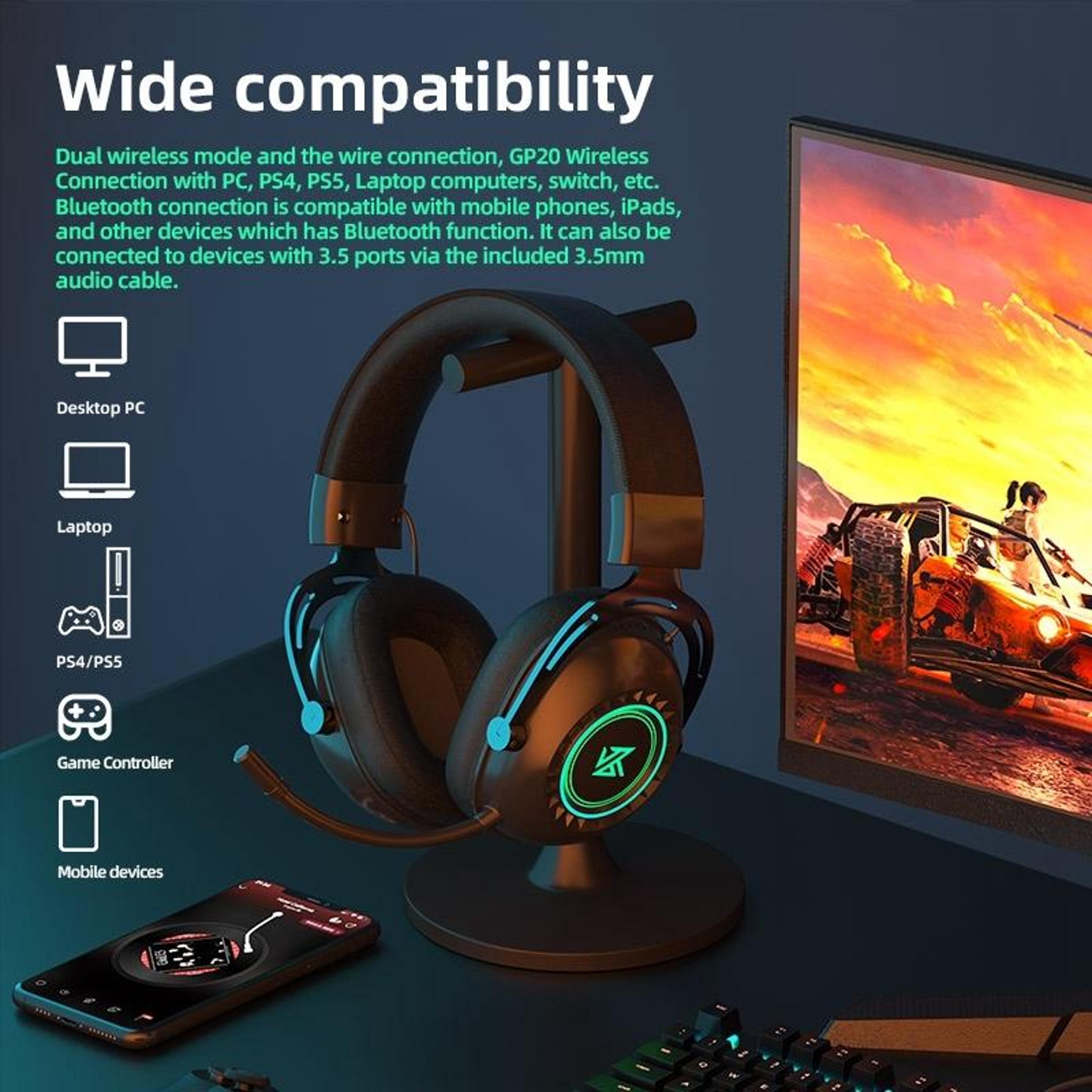 KZ GP20 Wireless Gaming Headset With RGB Lights Bluetooth 50  24G Low Latency Audio 5