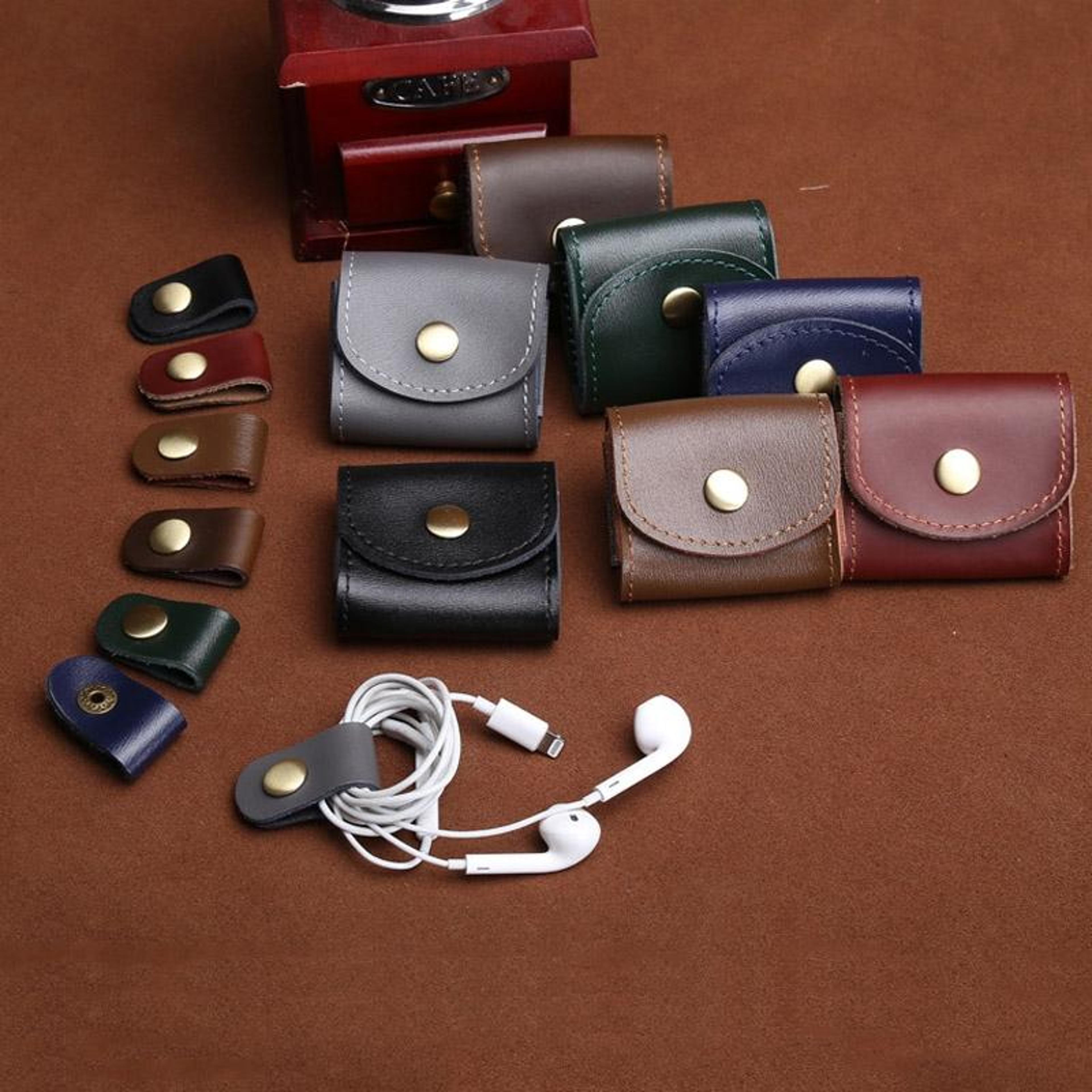 vintage leather earbud case mini headphone pouch with velvet lining & snap closure