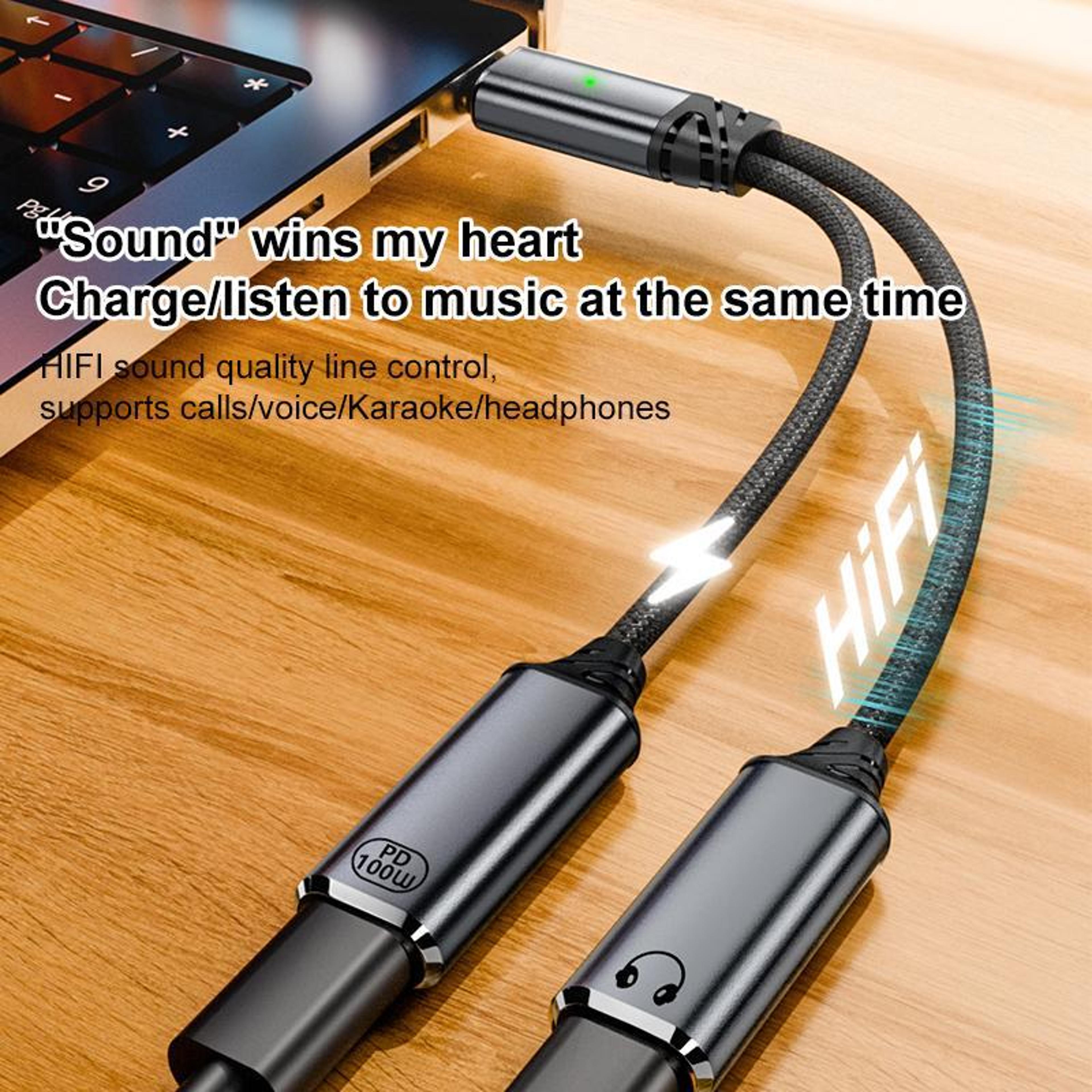 PD 100W USB C Audio Adapter With Fast Charging  HiFi Type C Earphone Splitter 5