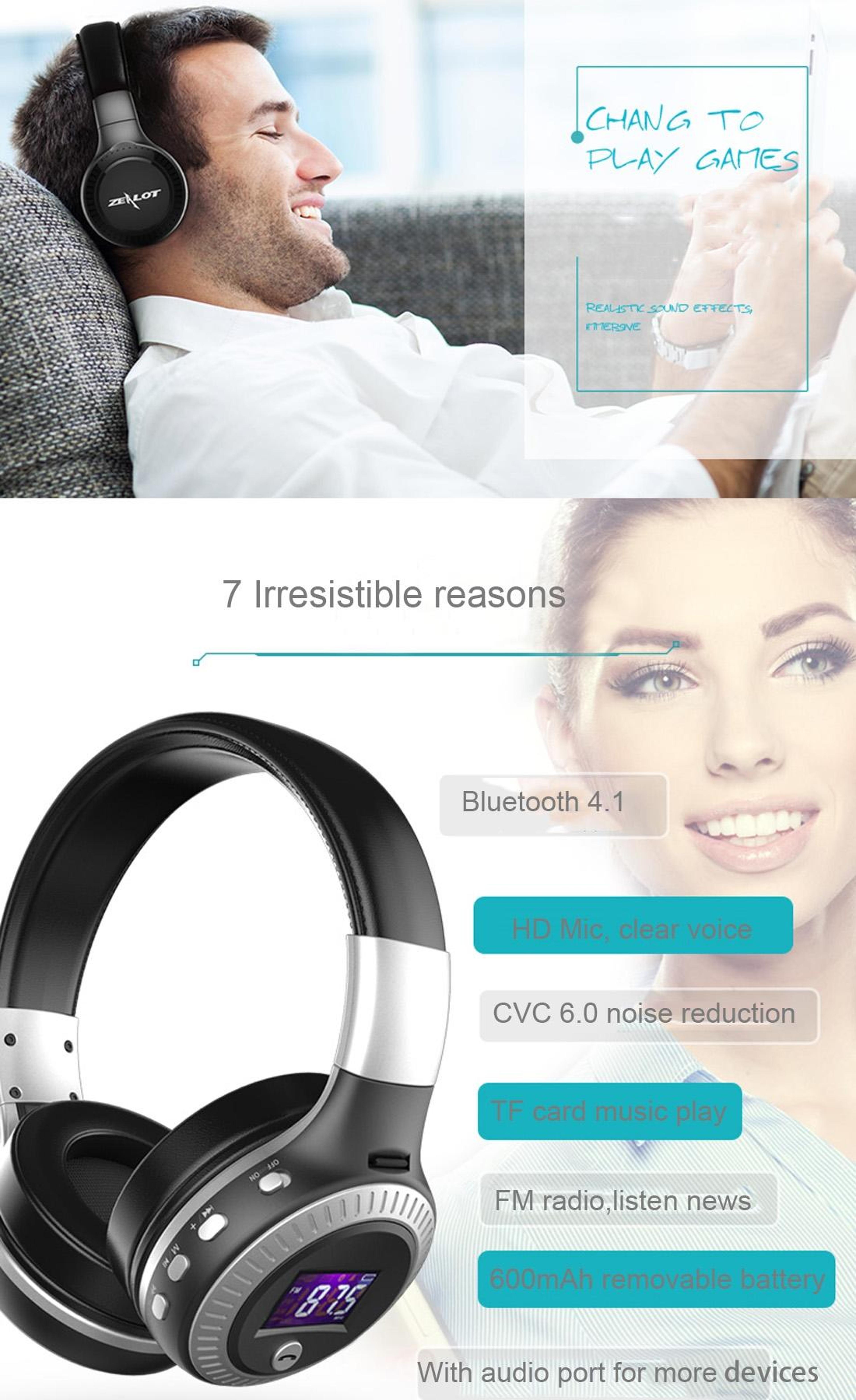 Zealot B19 Foldable Bluetooth Headphones With Display  FM Radio 16