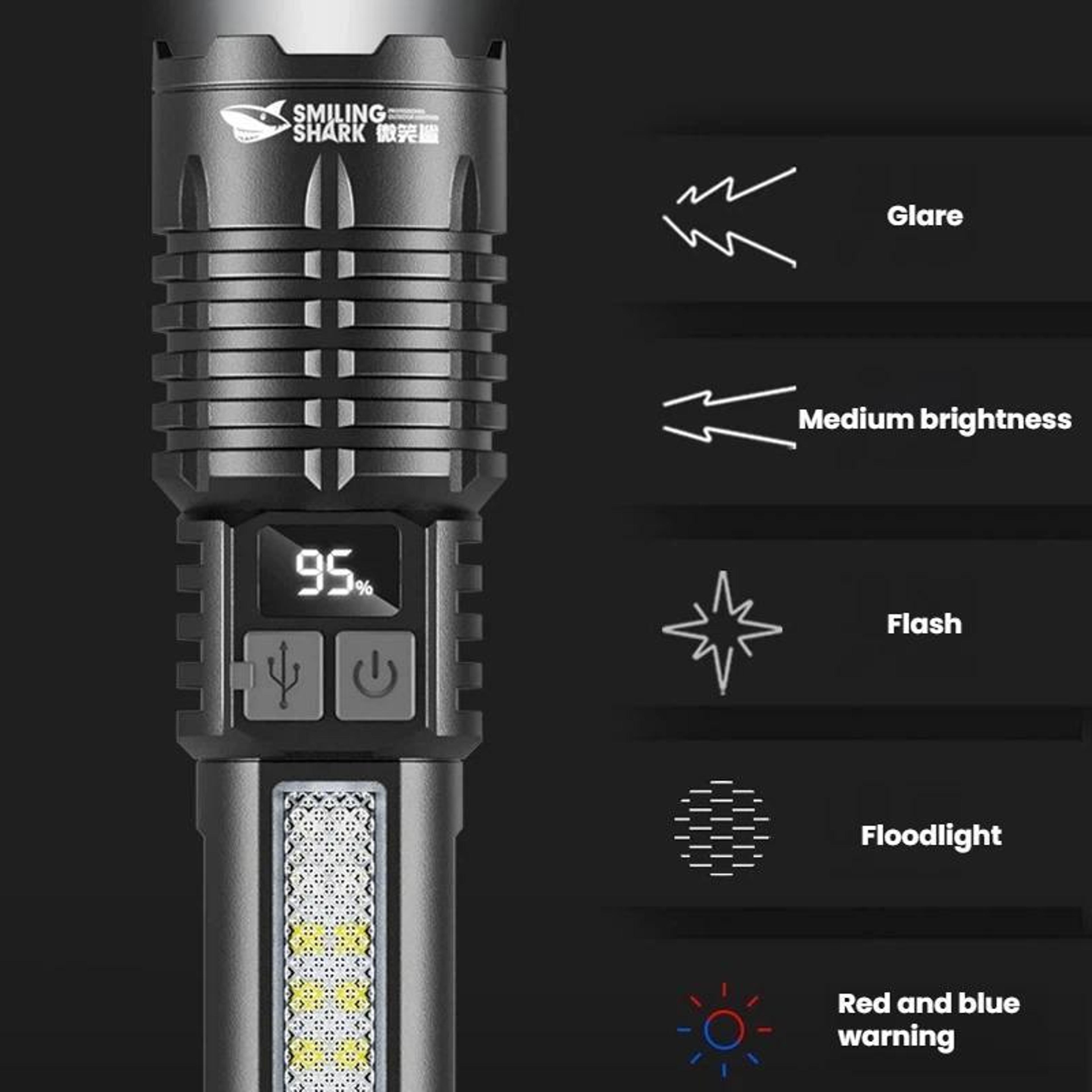 Rechargeable Zoomable LED Flashlight With Side Camping Light  Emergency Warning Mode 2