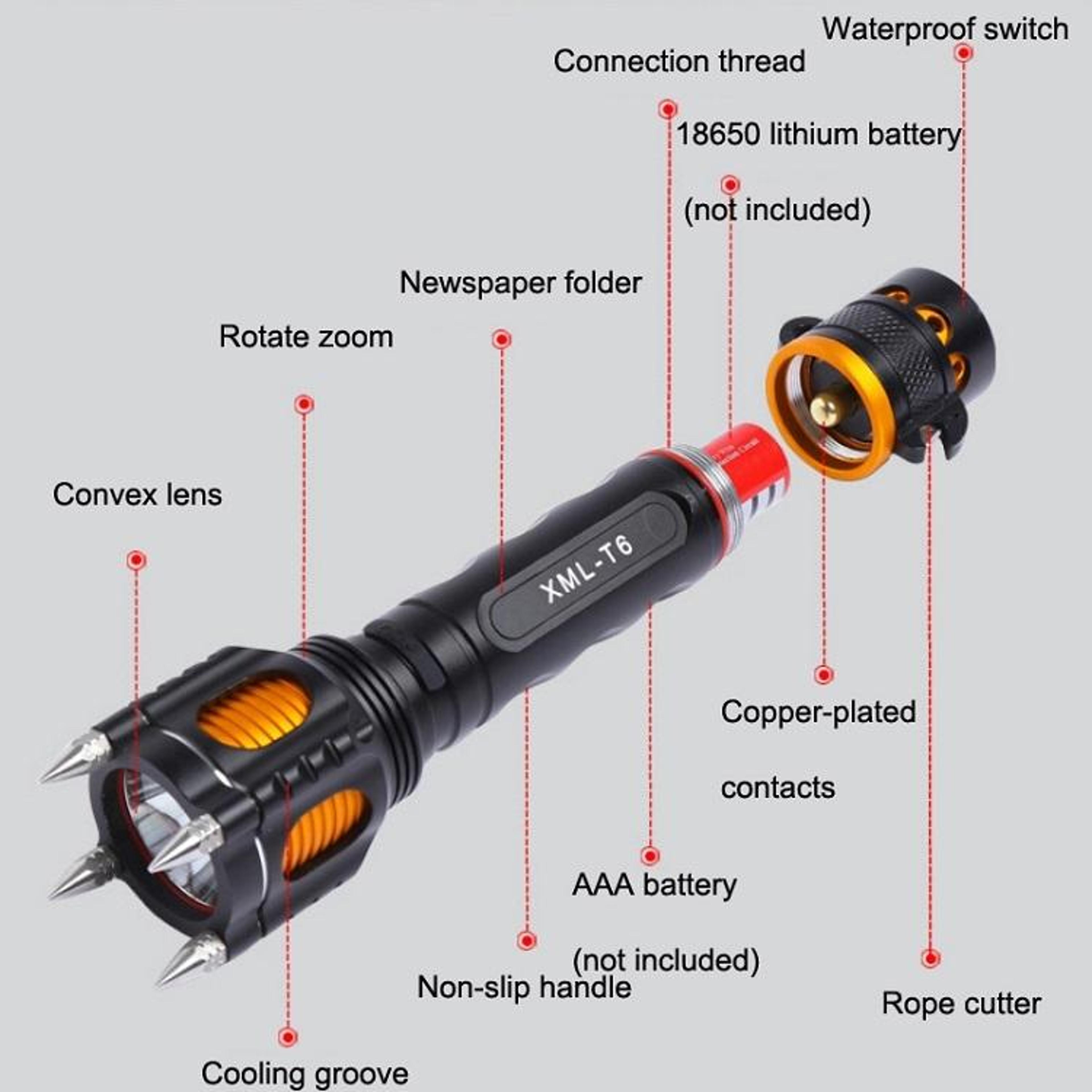 Premium Rechargeable LED Tactical Flashlight With Safety Hammer  Multi Function Design 2