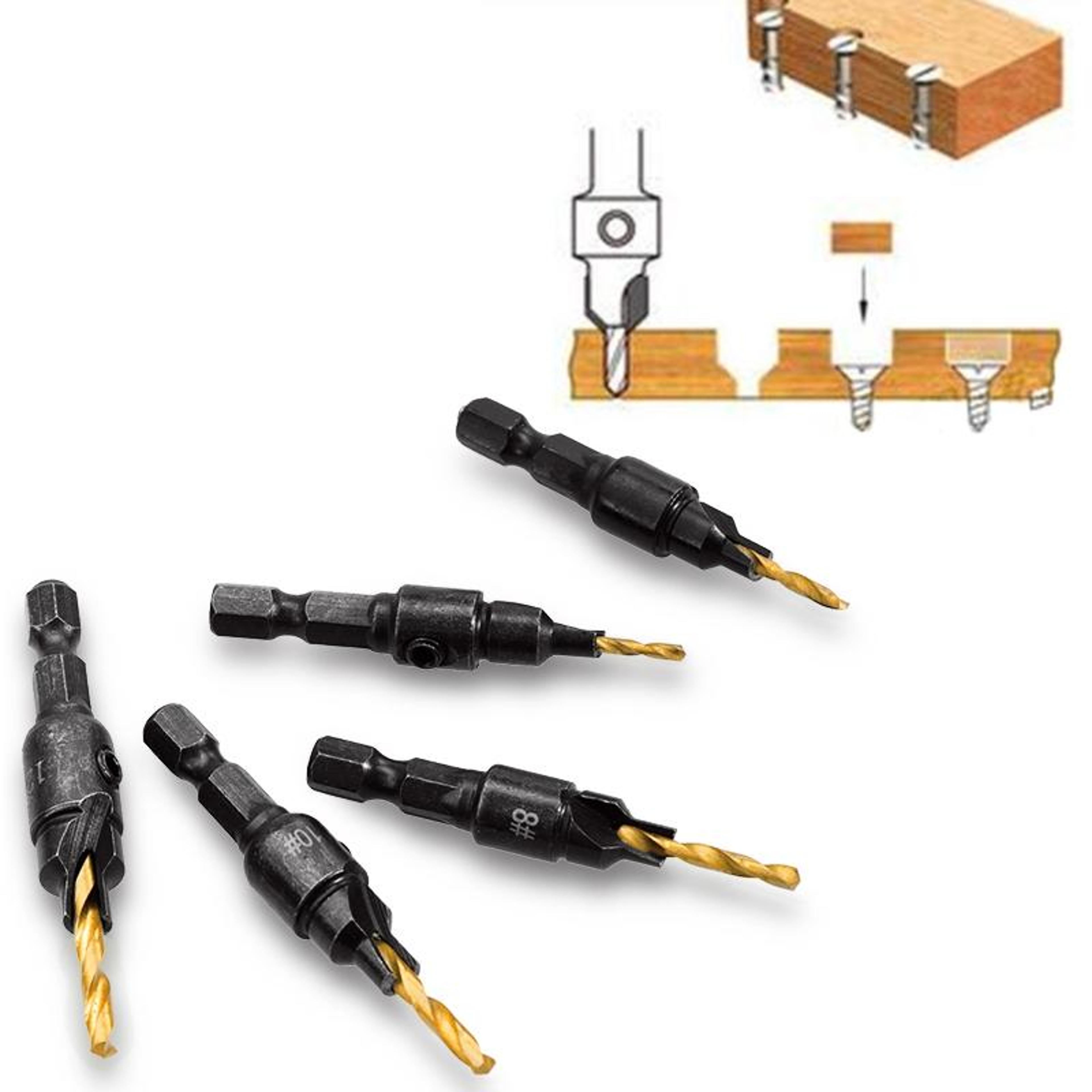 Precision Countersink Drill Bit Set For Woodworking 5 Piece Hex Shank Pilot Hole Kit 1