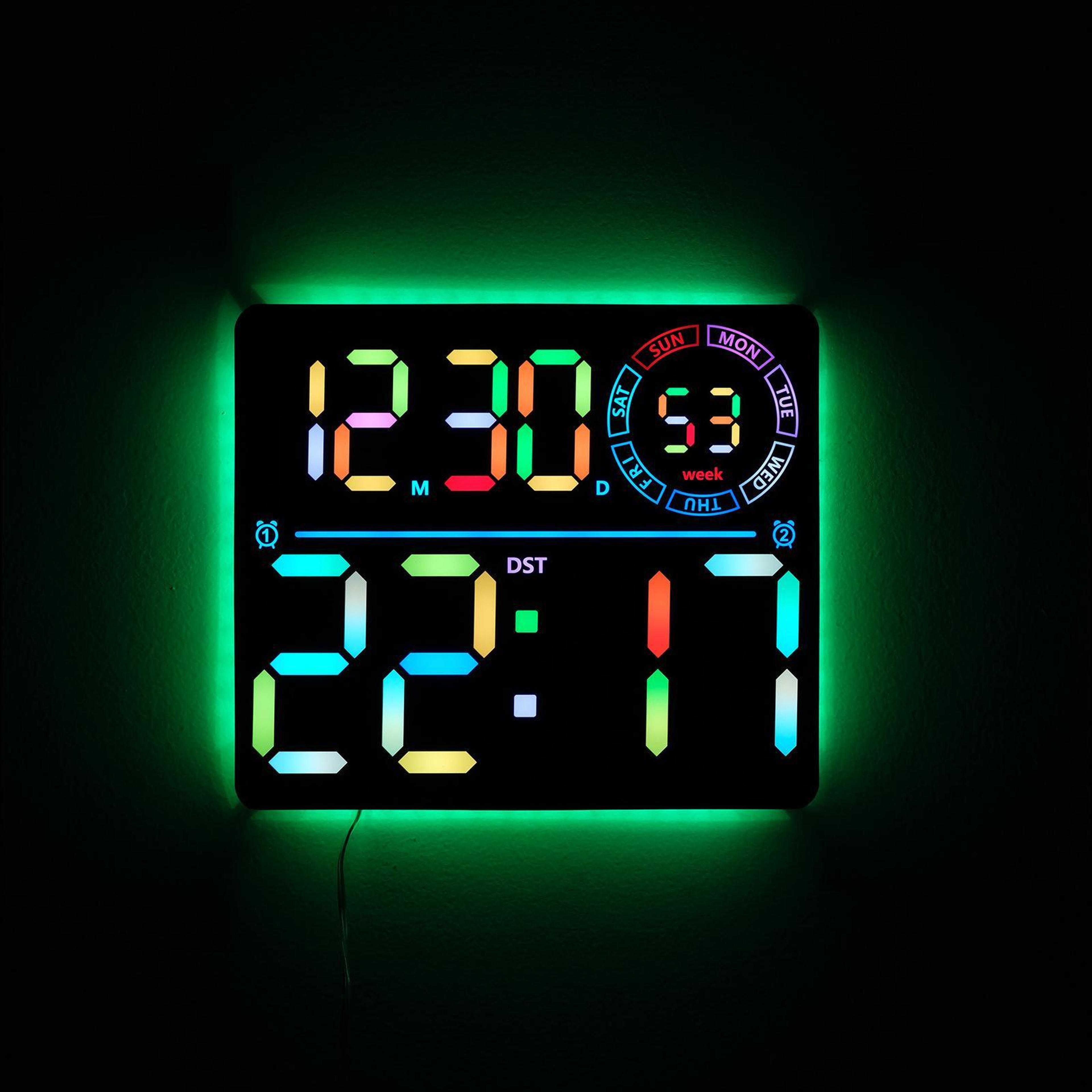 RGB Digital Wall Clock With Large LED Display Dual Alarm  Smart Timer 10