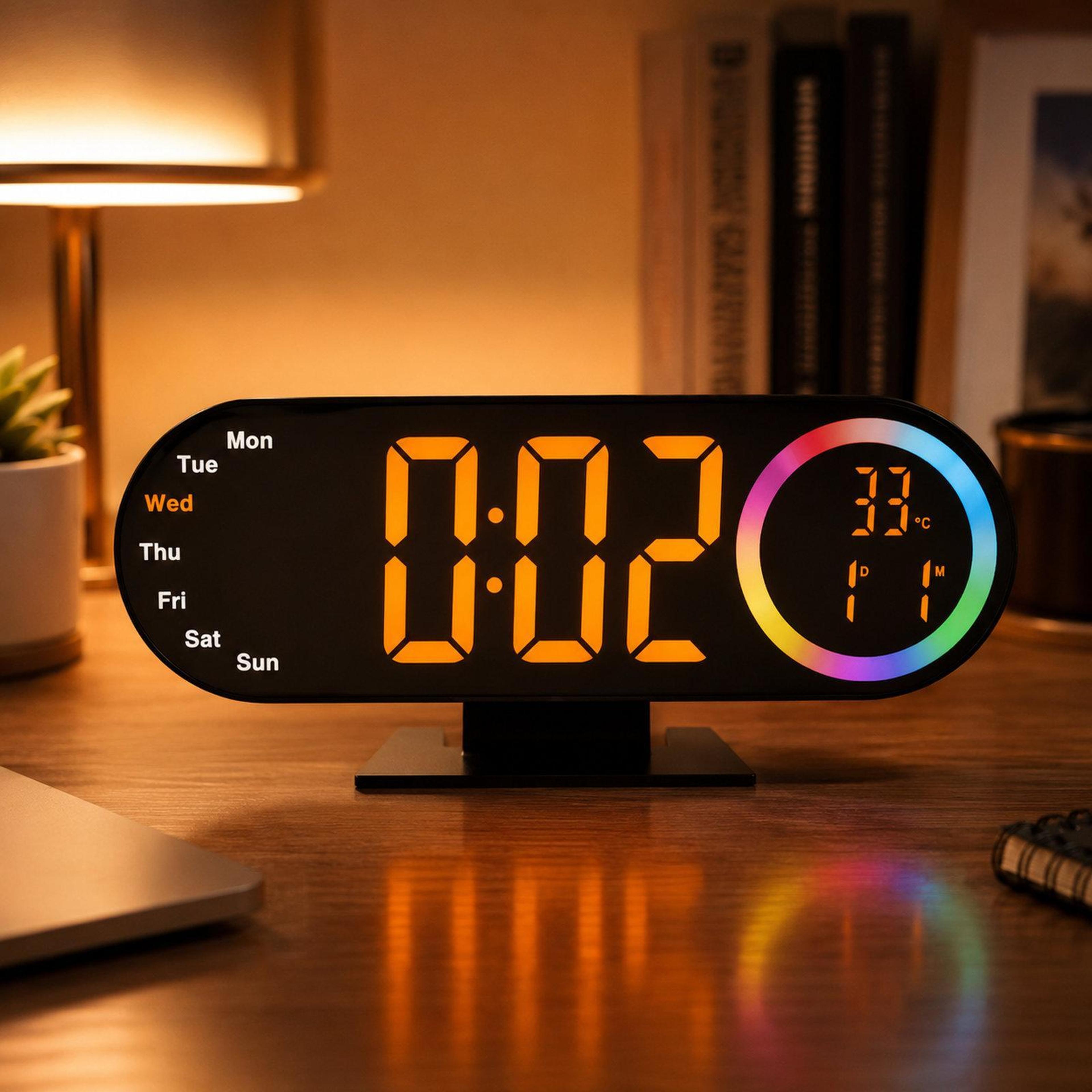 rgb mirror digital alarm clock with led night light, temperature display & snooze function