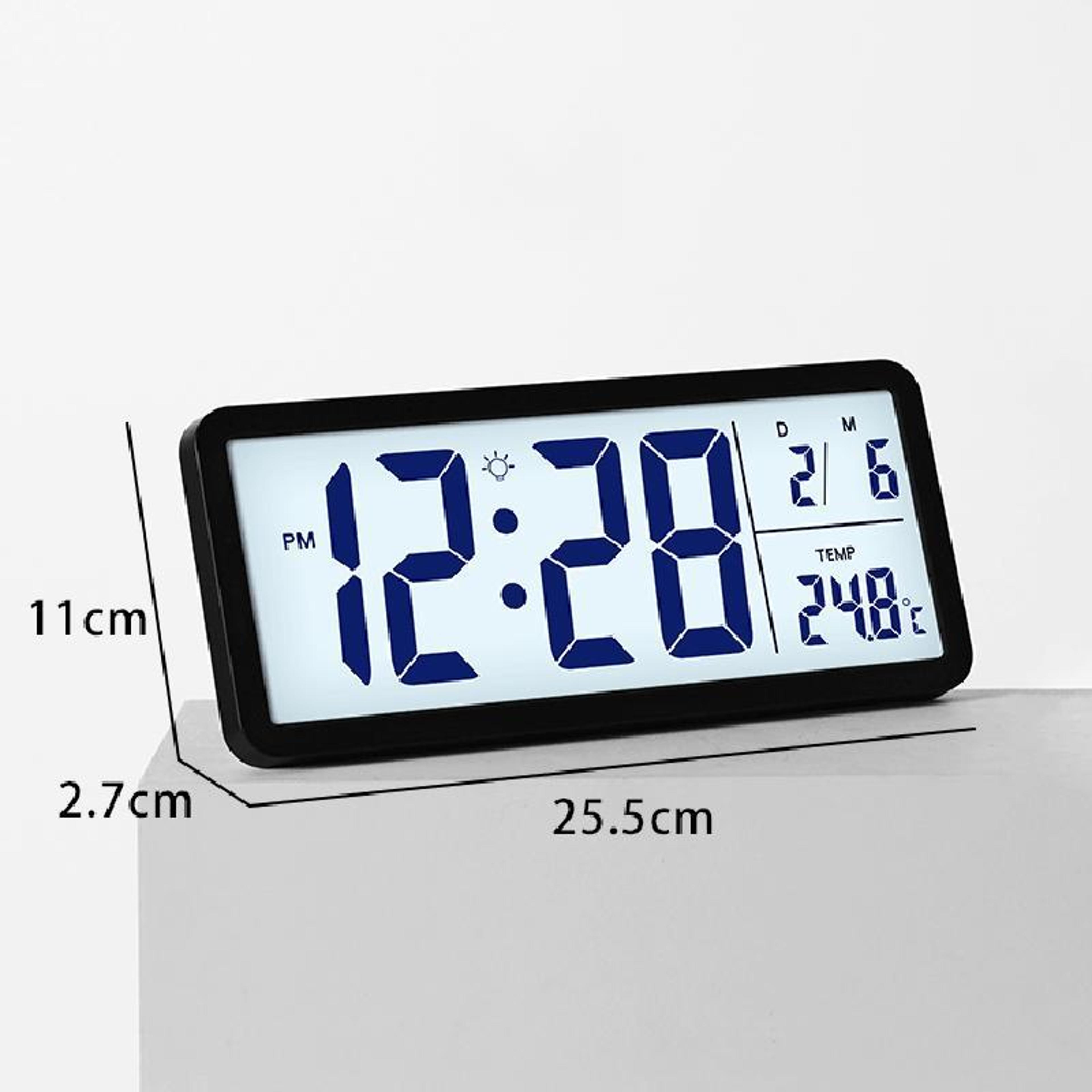 Large Display LCD Wall Clock With Indoor Thermometer  Night Backlight 7