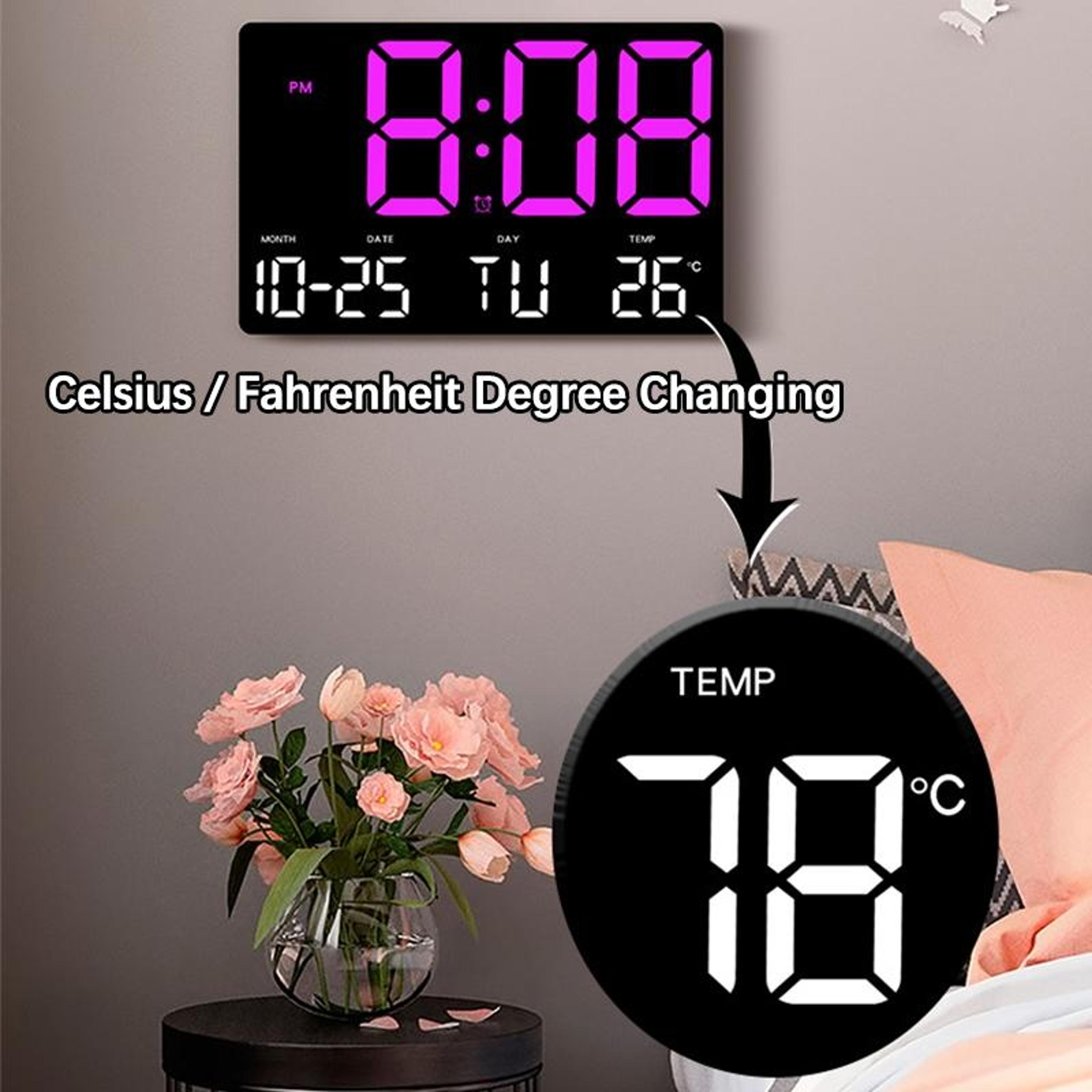 Large Display LED Digital Clock With Temperature Calendar  Adjustable Brightness 5