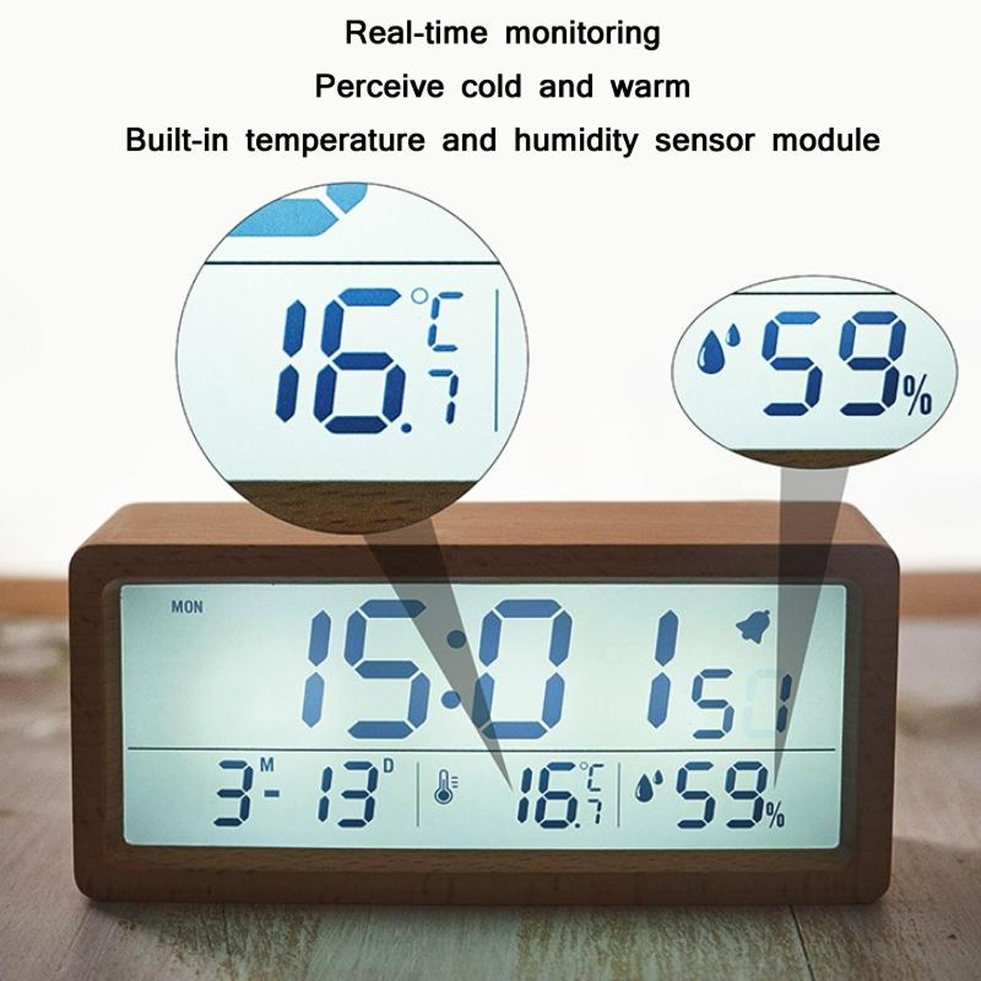 Wooden Digital Clock With Temperature  Humidity Display Large Screen LED Desk Clock 4