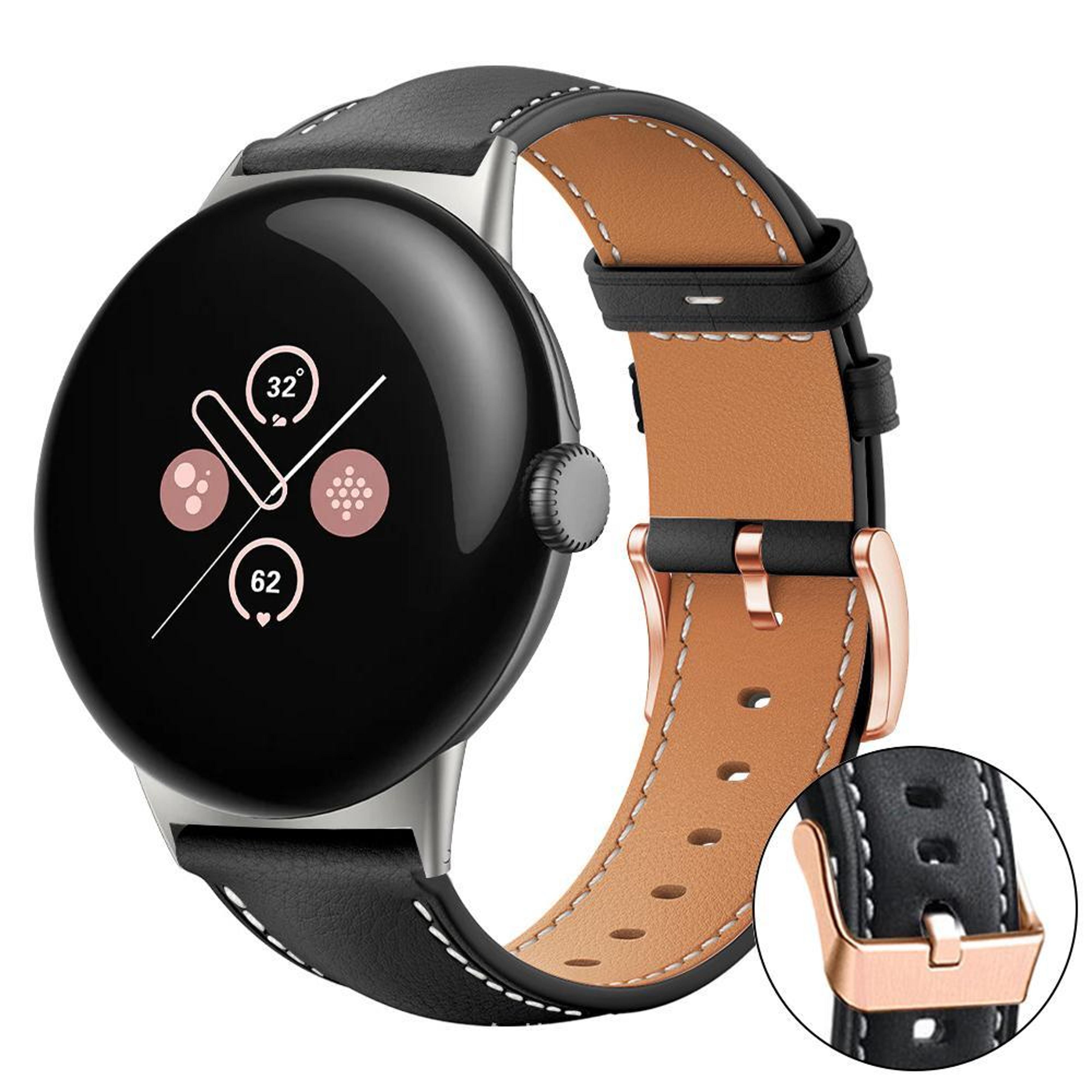 Google Pixel Watch 4 3 2 1 41mm Vegan Leather Watch Band Rose Gold Buckle Replacement Strap 9