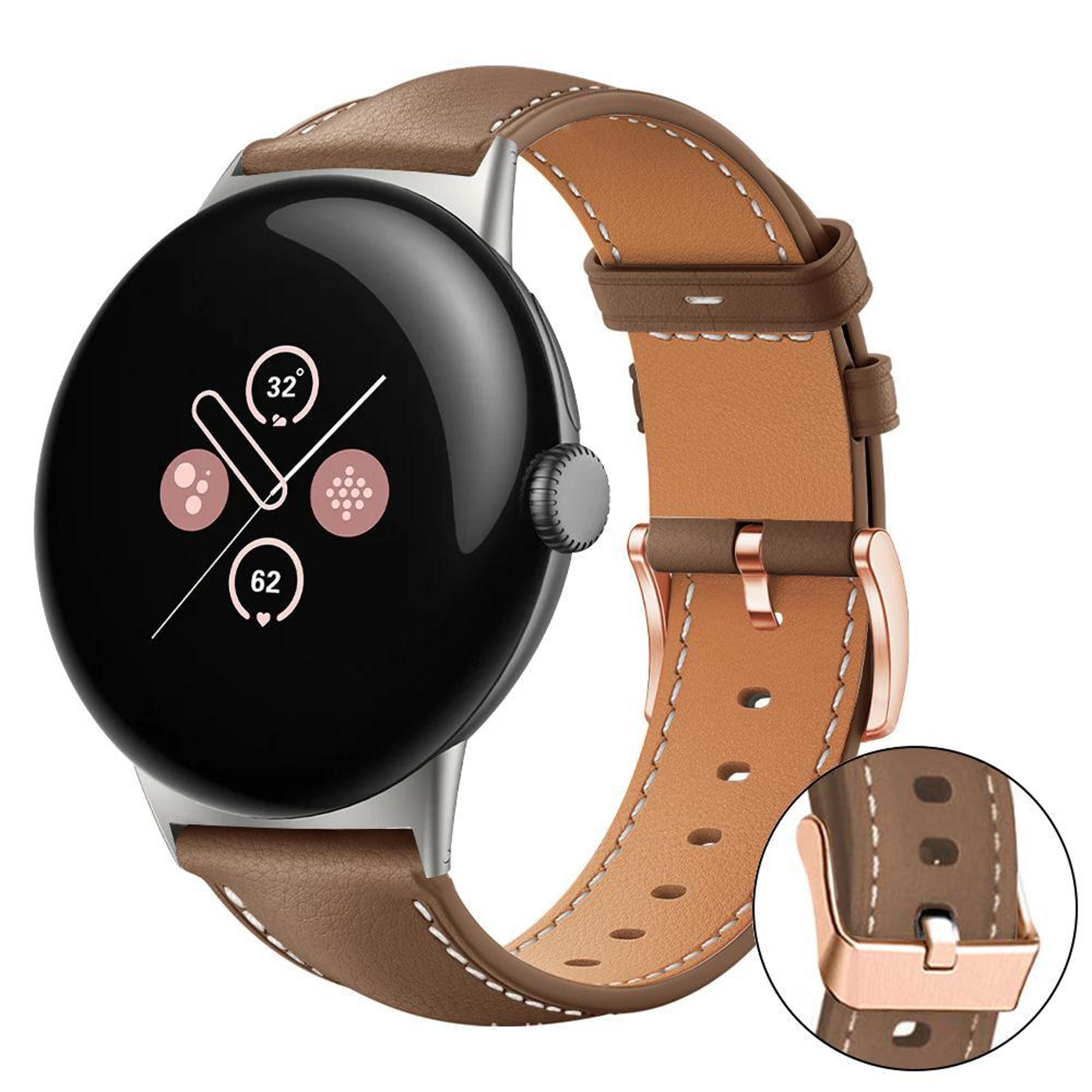 Google Pixel Watch 4 3 2 1 41mm Vegan Leather Watch Band Rose Gold Buckle Replacement Strap 10