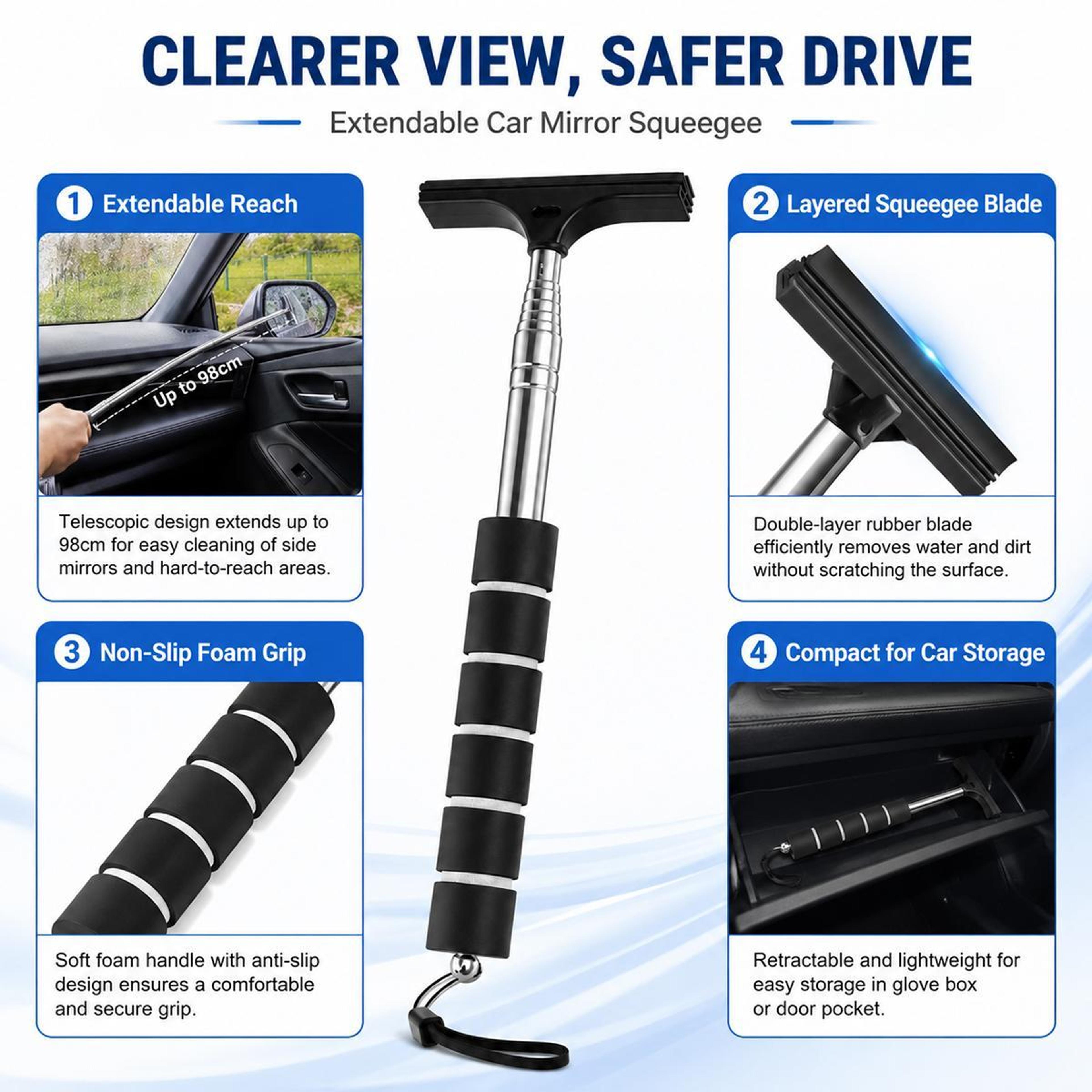 Car Rearview Mirror Wiper Telescopic Window Cleaner Stainless Steel Extendable Glass Squeegee 3