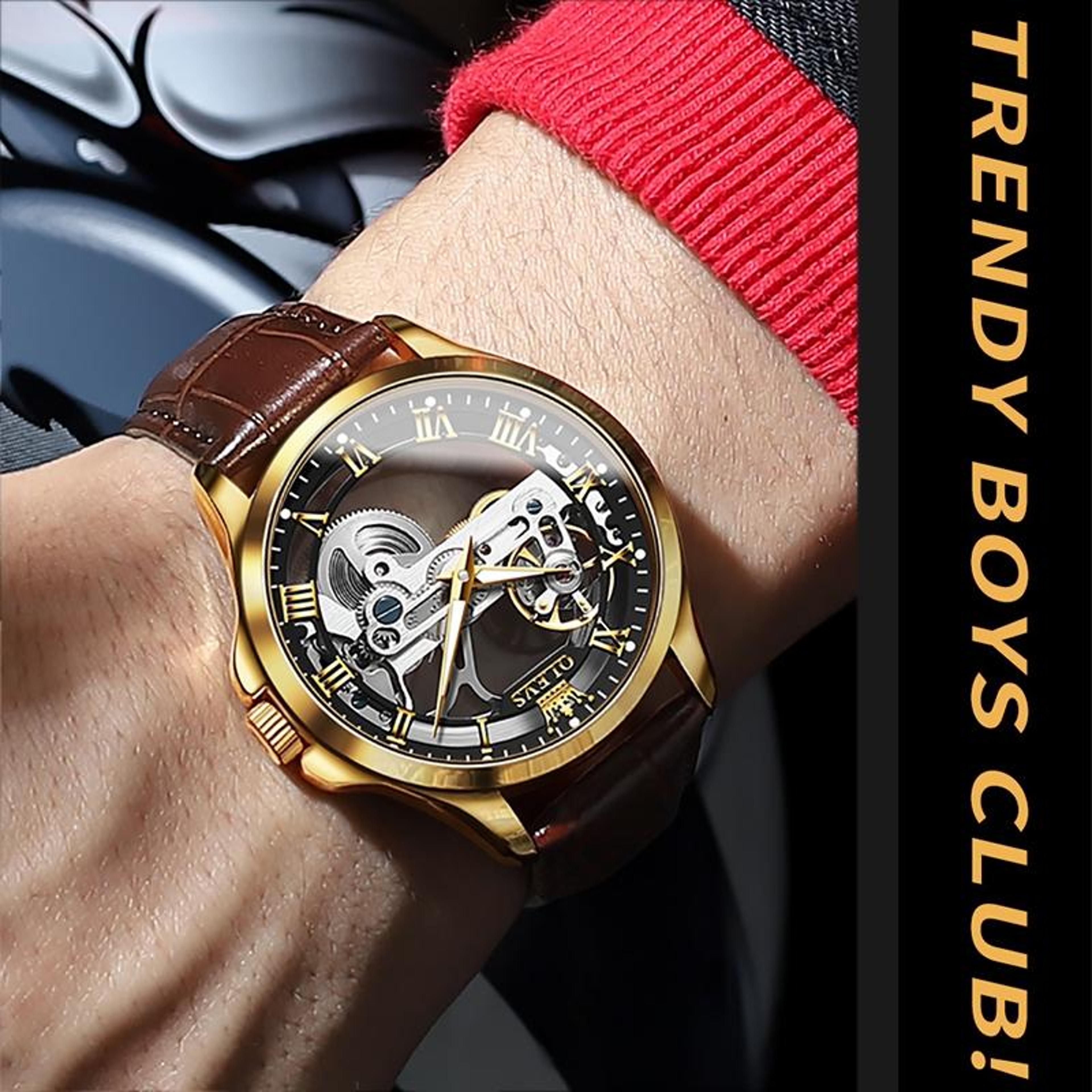 OLEVS 6661 Automatic Mechanical Watch Mens Leather Dress Watch Waterproof Luminous Timepiece 12