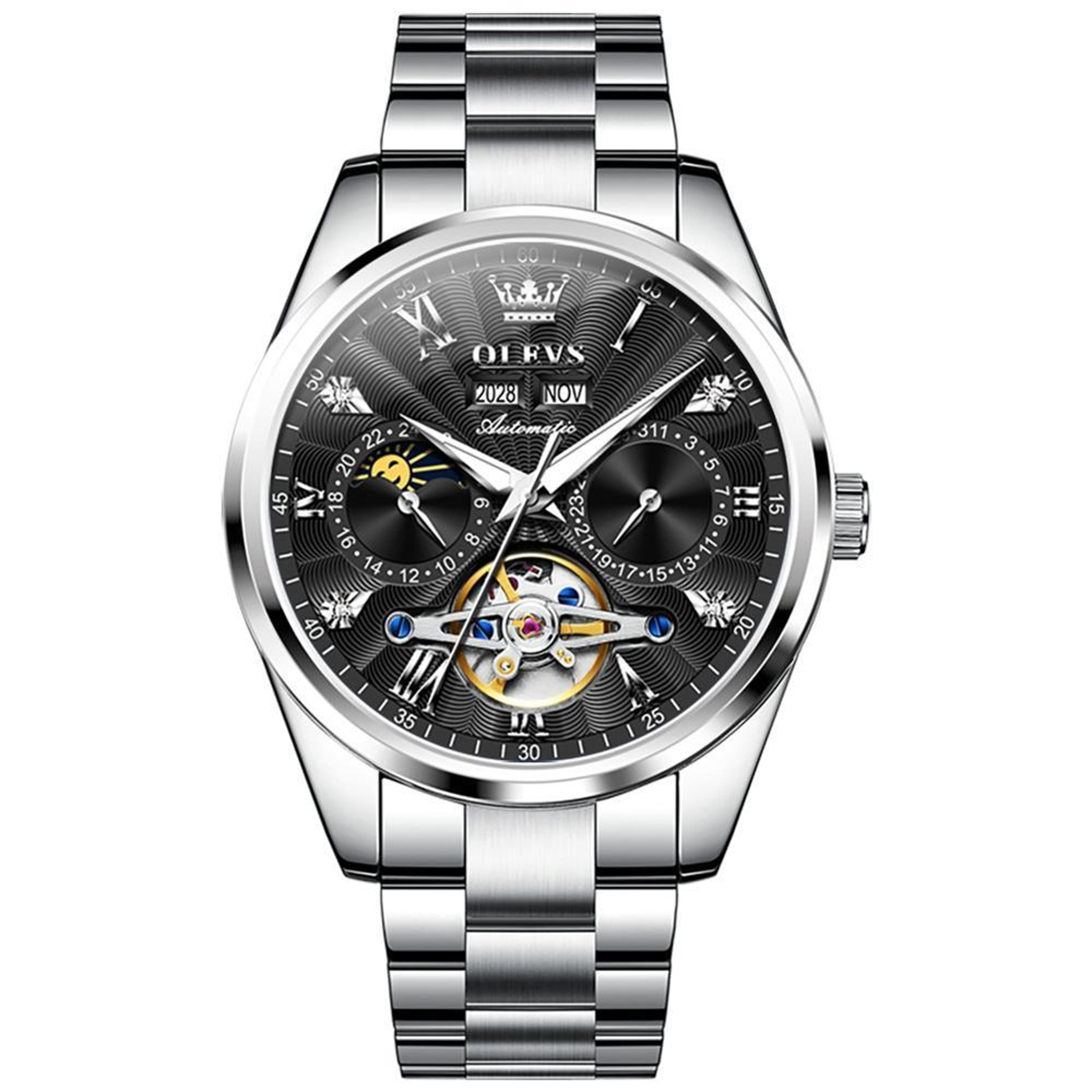 OLEVS 7028 Automatic Mechanical Watch For Men With Luminous Watch Dial And Leather Strap 7
