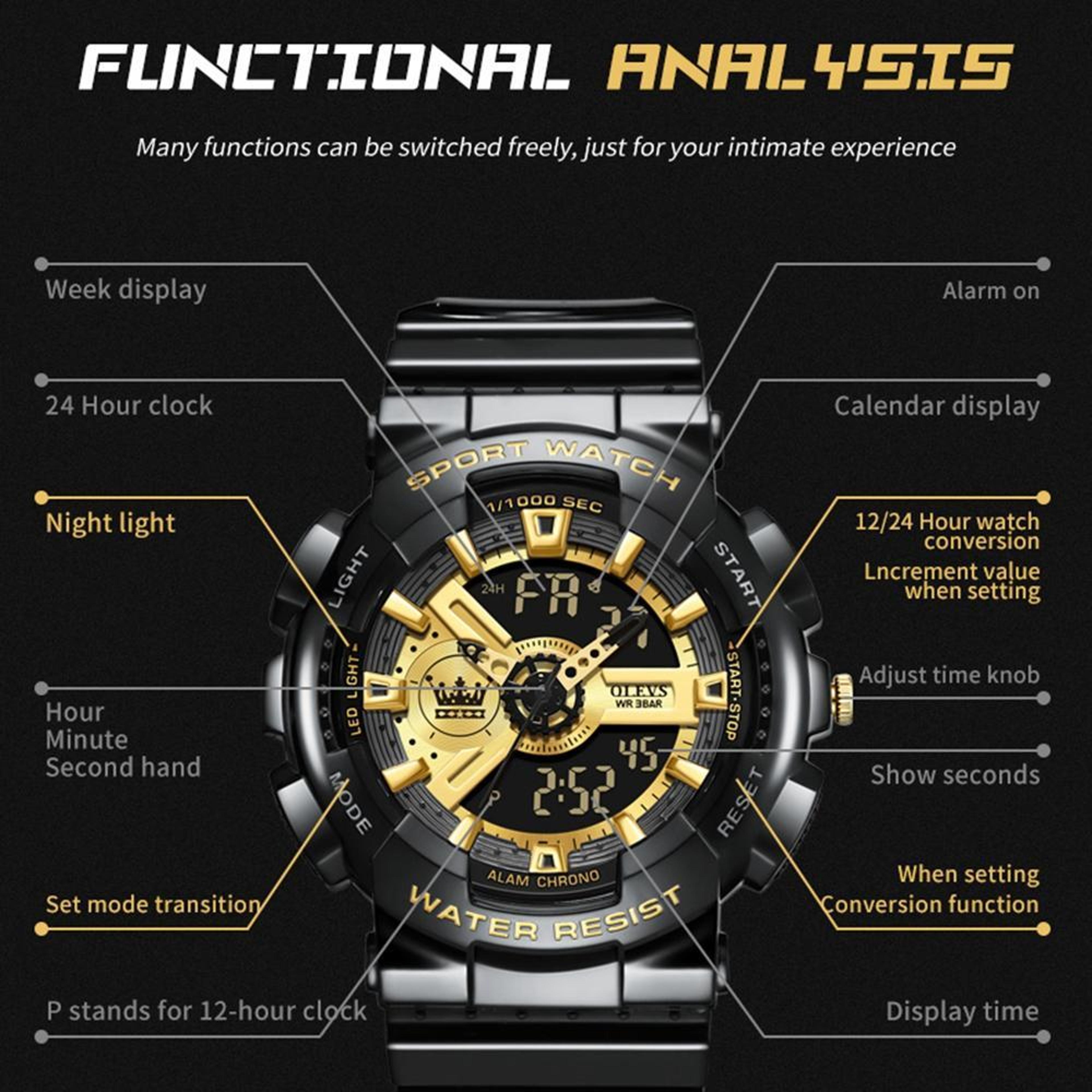 OLEVS 1102 Waterproof Digital Watch For Men Multifunction LED Sports Wrist Watch 7
