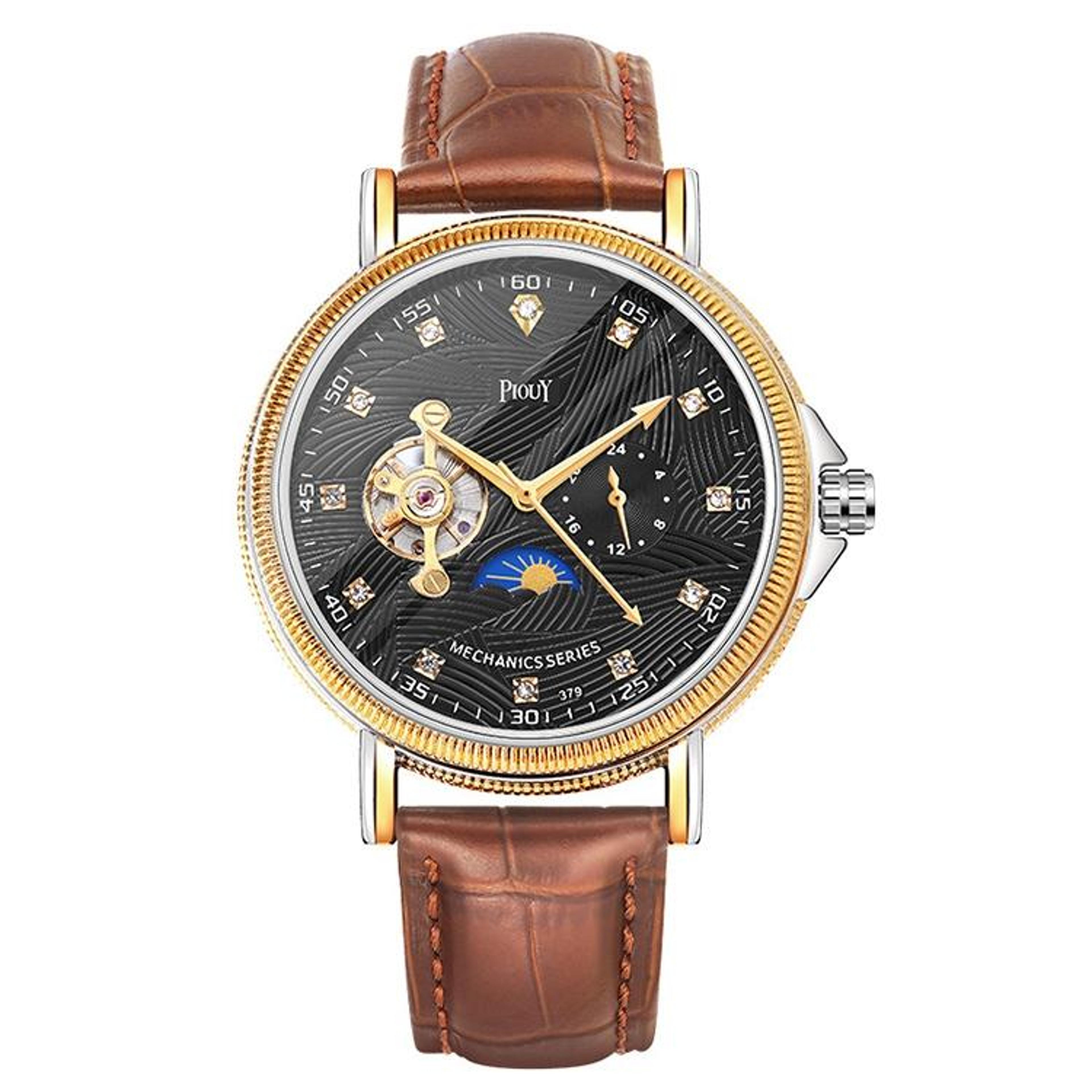 YAZOLE 379 Mechanical Watch With Leather Band Large Dial Tourbillon Style Mens Wristwatch 5