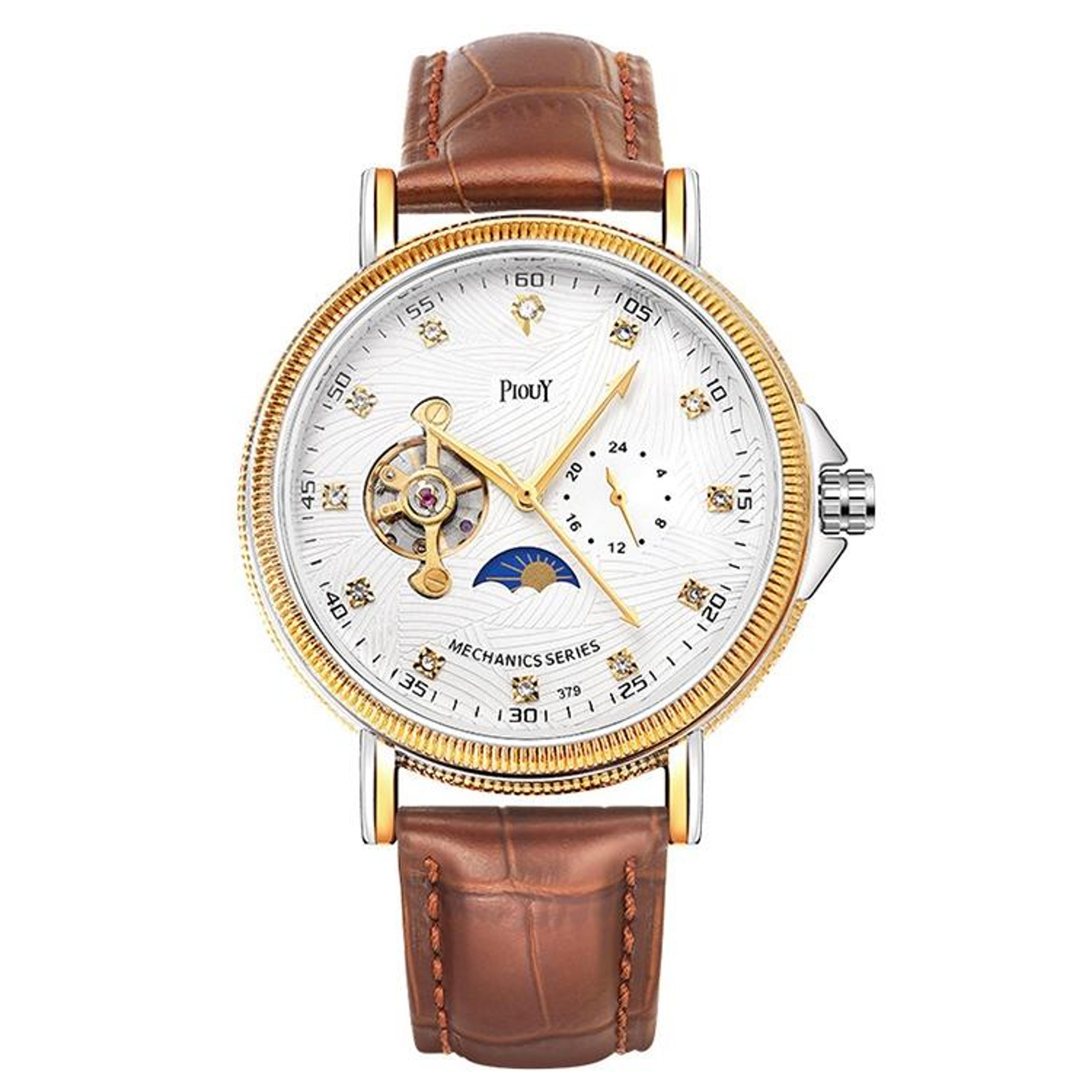 YAZOLE 379 Mechanical Watch With Leather Band Large Dial Tourbillon Style Mens Wristwatch 9