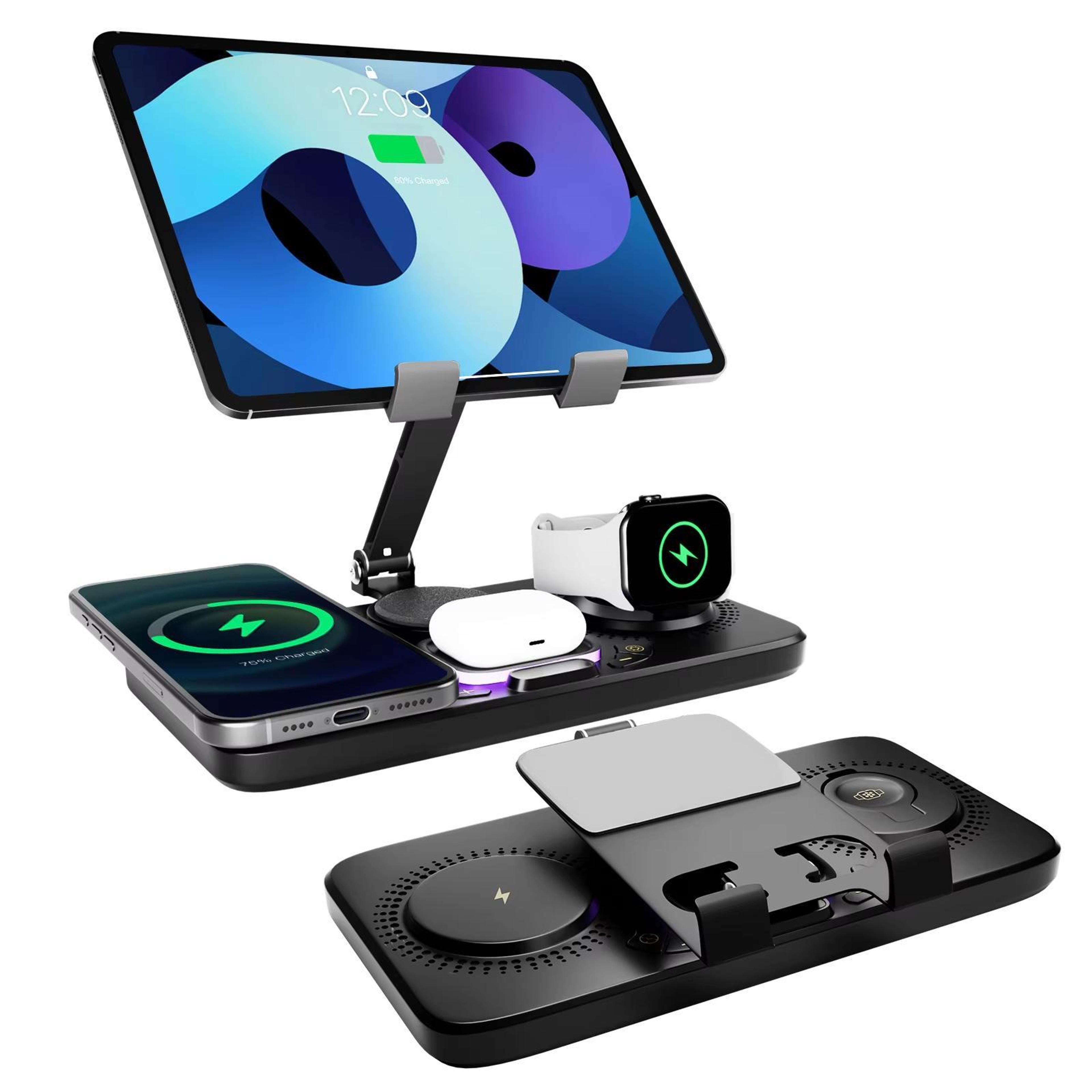 4 In 1 Magnetic Wireless Charging Station Foldable Fast Charger Stand With Clock Apple Watch AirPod 1