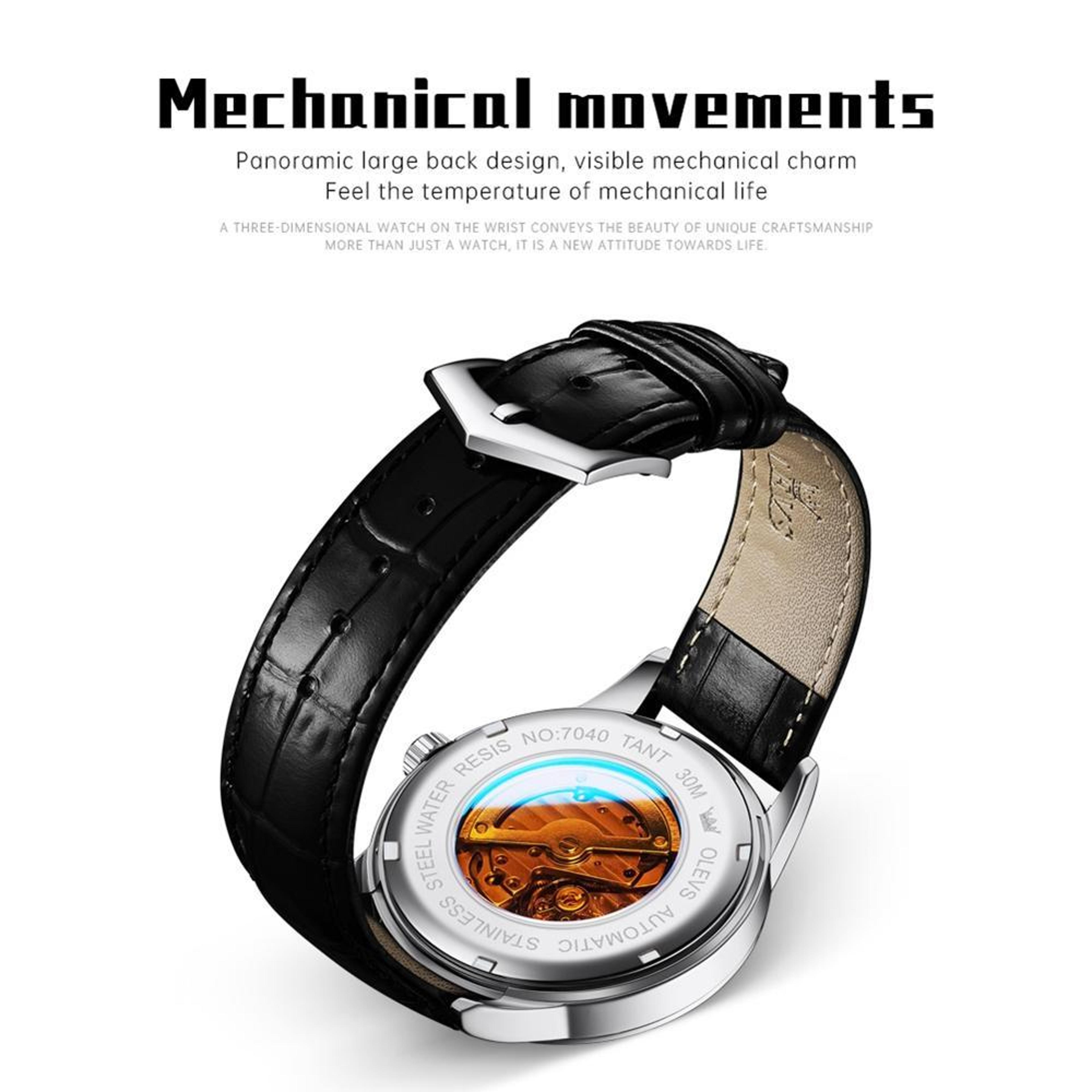 OLEVS 7040 Automatic Mechanical Watch For Men Sun Moon Star Leather Watch Luminous Waterproof 4