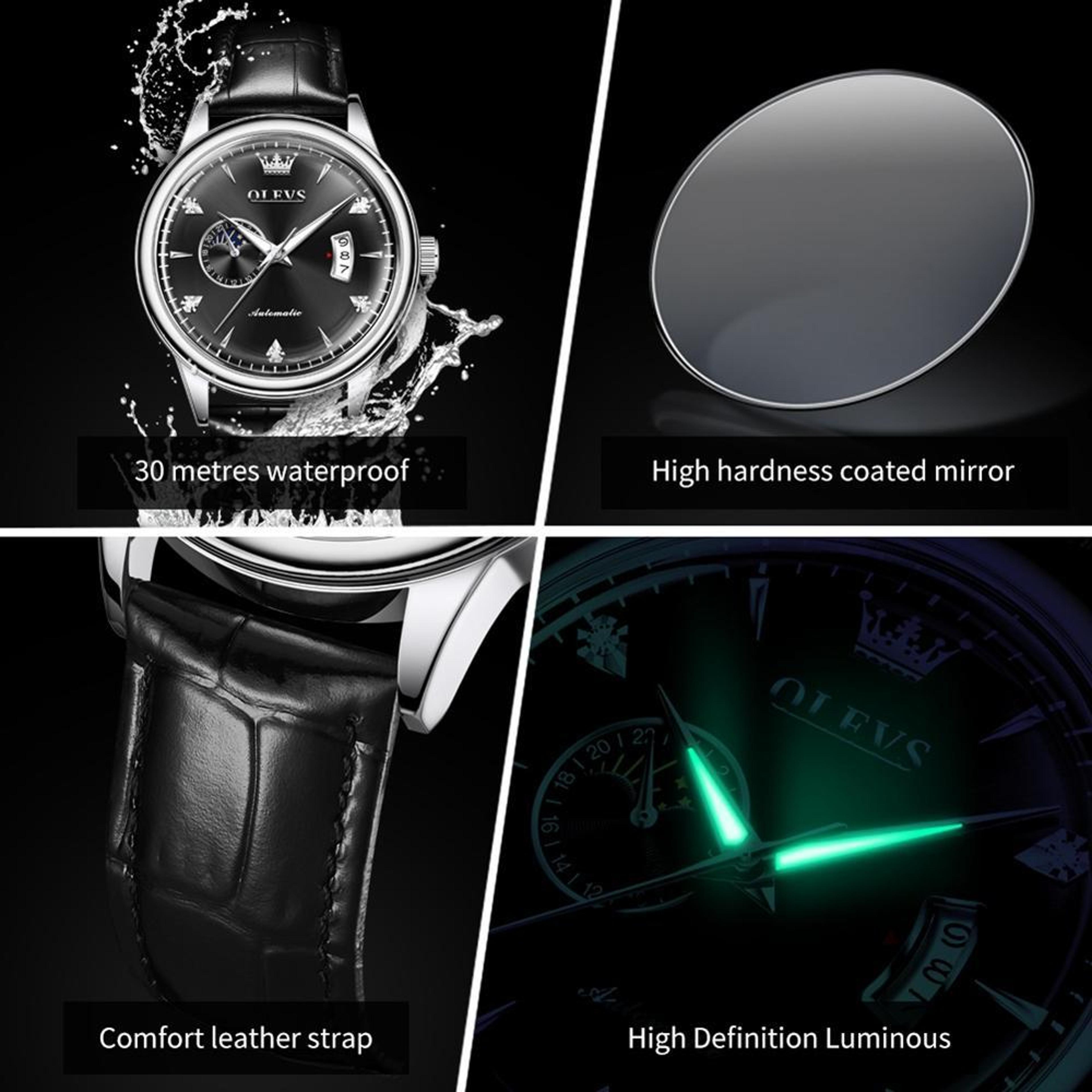 OLEVS 7040 Automatic Mechanical Watch For Men Sun Moon Star Leather Watch Luminous Waterproof 5