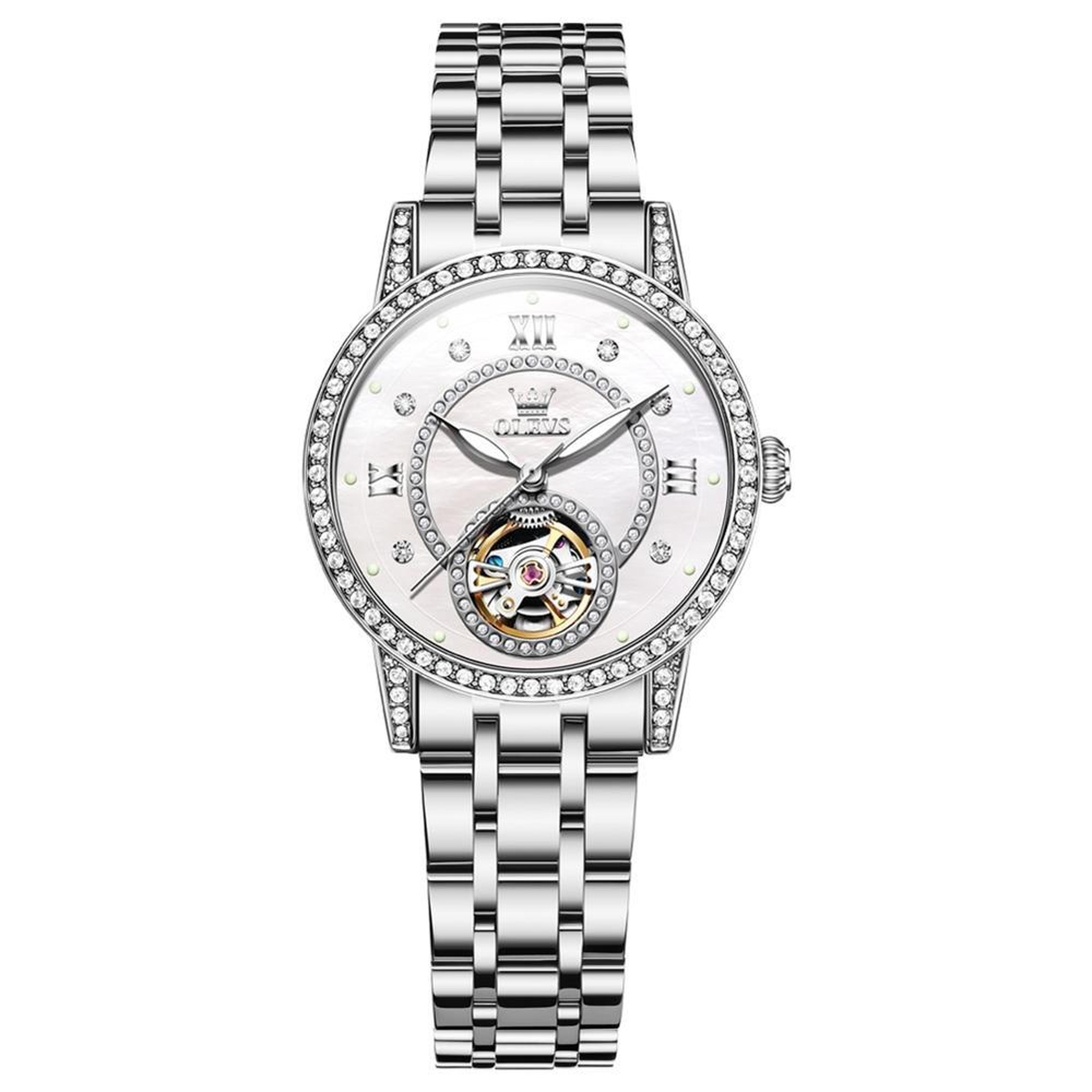 OLEVS 7036 Womens Mechanical Watch Starry Sky Skeleton Dial Luminous Stainless Steel Dress Watch 2