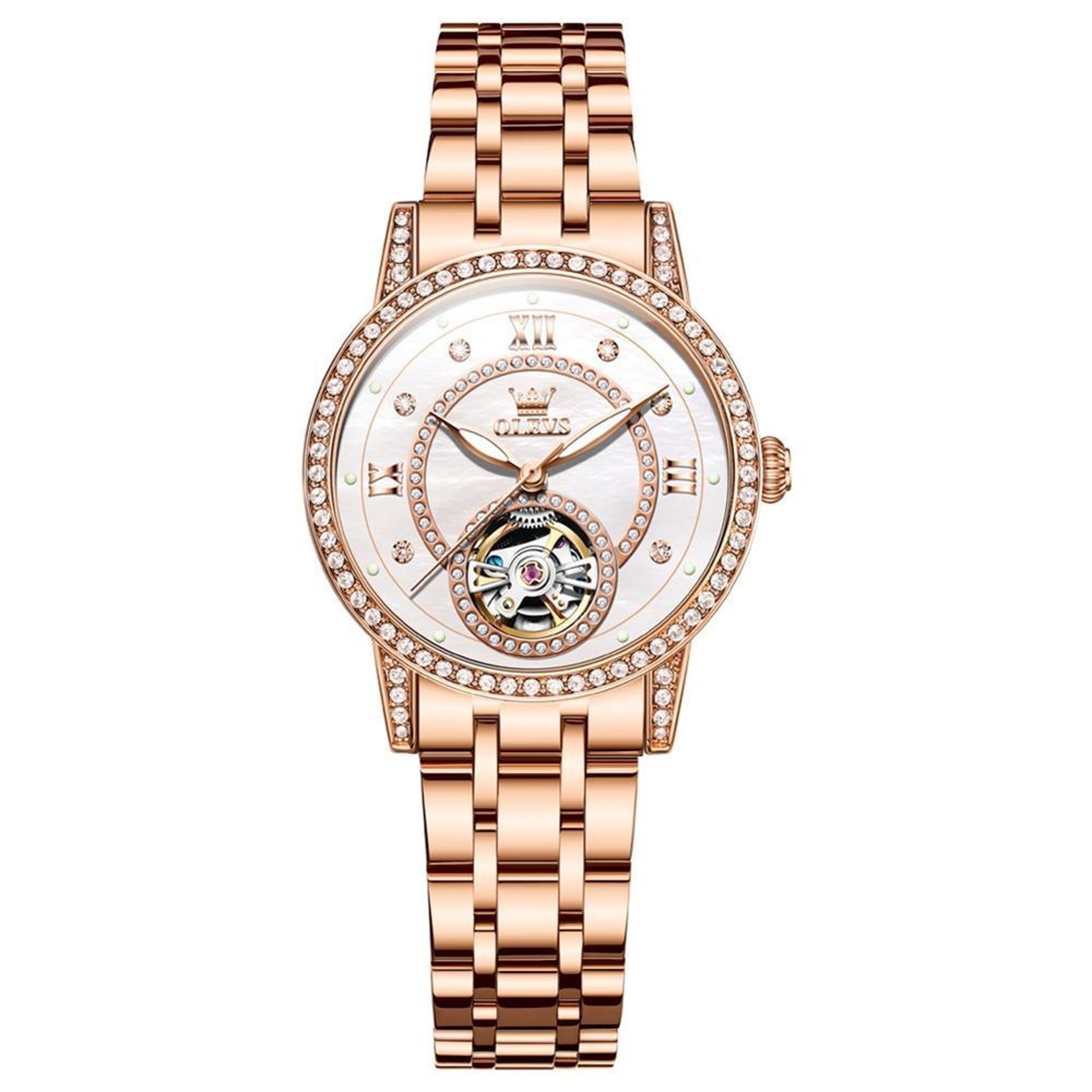 OLEVS 7036 Womens Mechanical Watch Starry Sky Skeleton Dial Luminous Stainless Steel Dress Watch 9