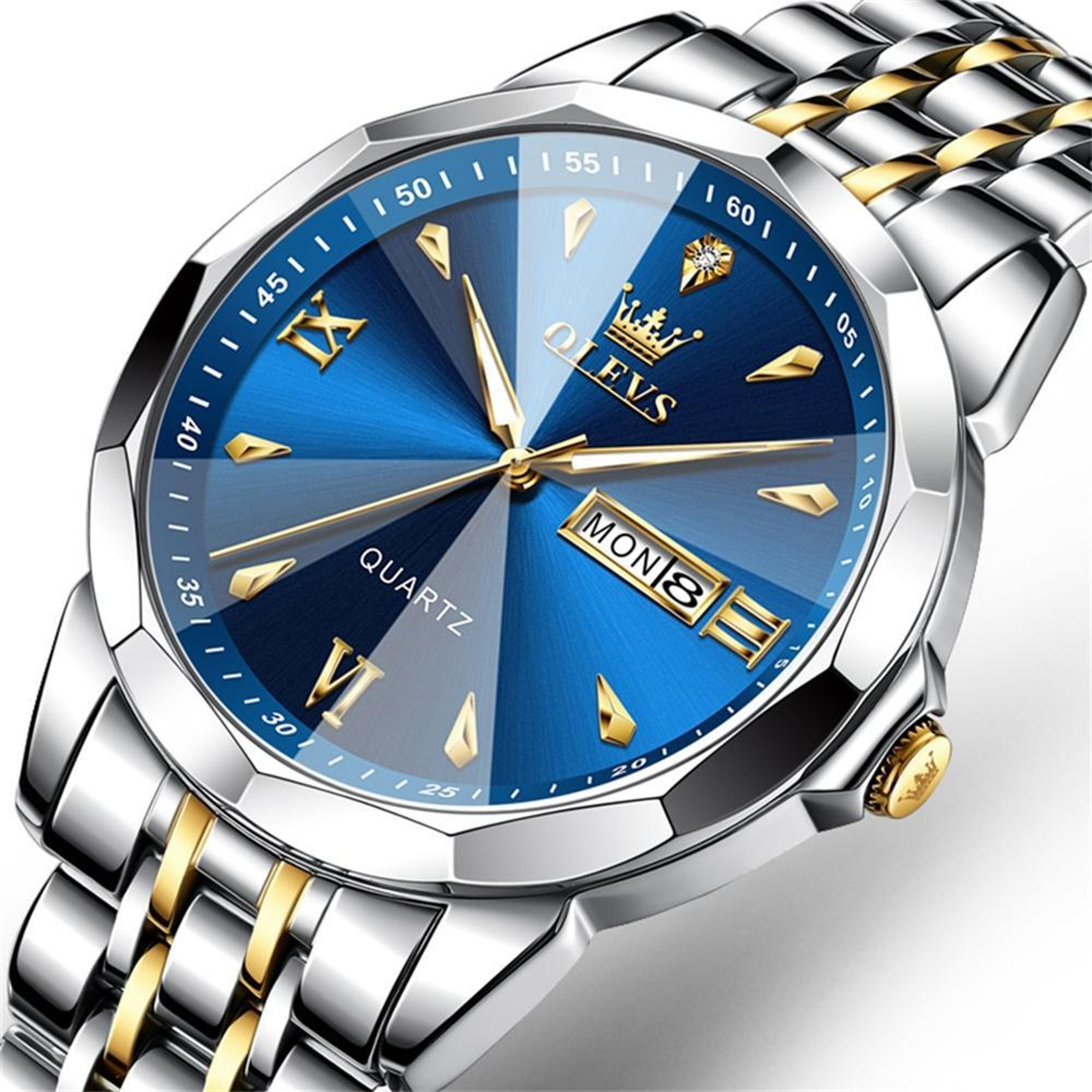 OLEVS 9998 Mens Quartz Watch Diamond Dial Waterproof Watch With Dual Calendar Stainless Steel Strap 1