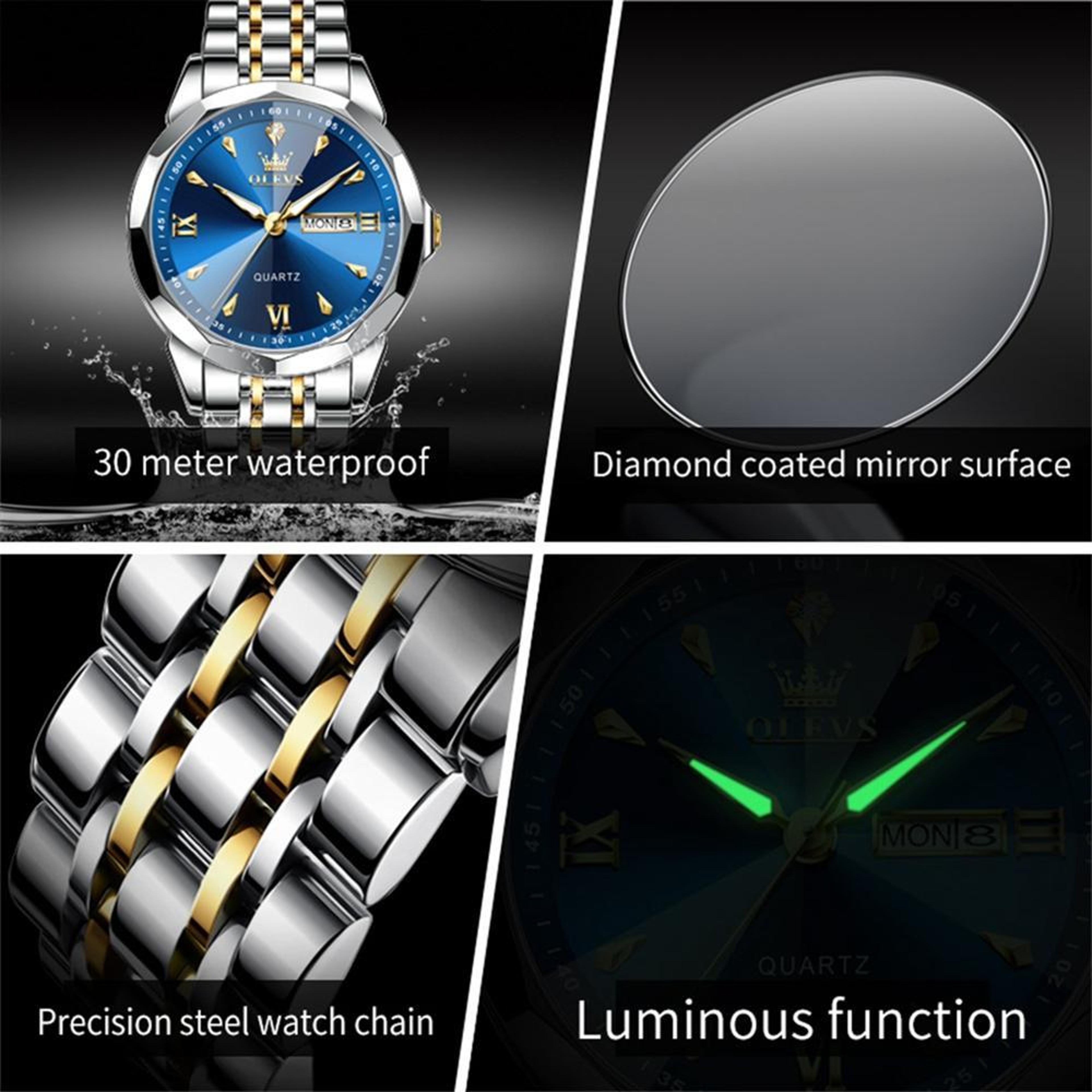 OLEVS 9998 Mens Quartz Watch Diamond Dial Waterproof Watch With Dual Calendar Stainless Steel Strap 4