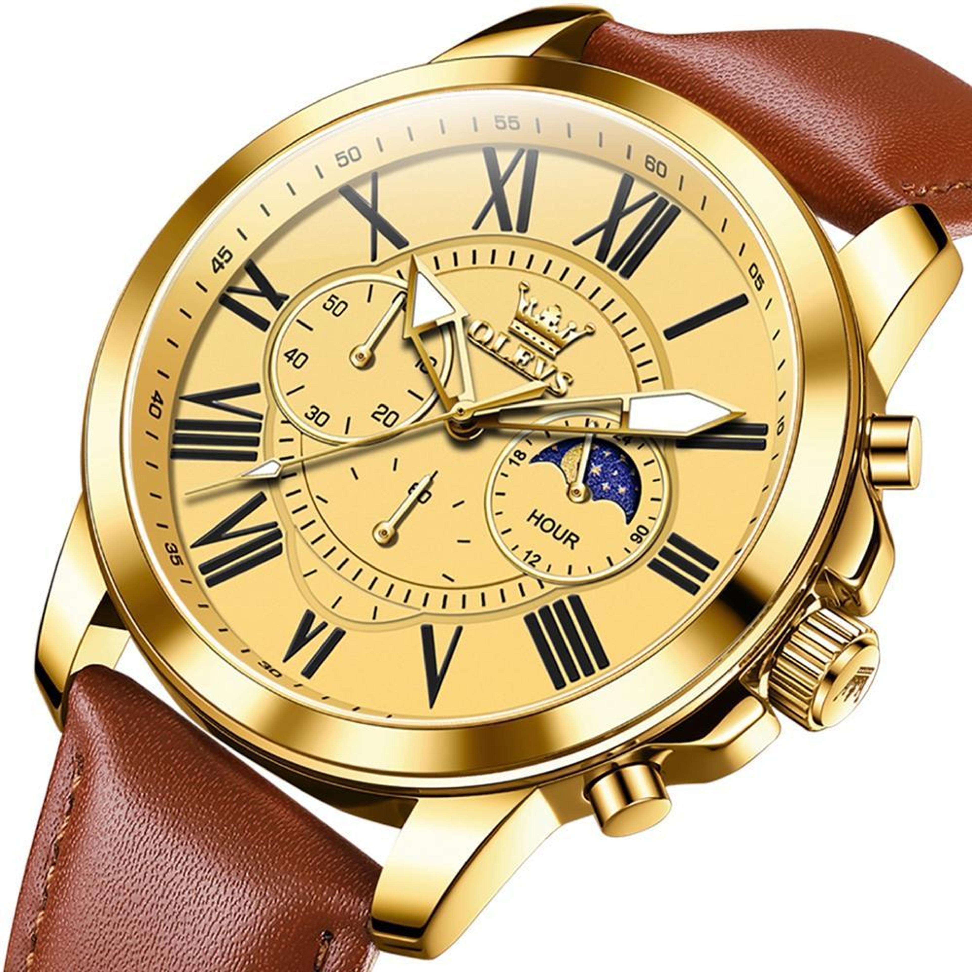 OLEVS 9998 Mens Quartz Watch Diamond Dial Waterproof Leather Business Watch With Dual Calendar 1