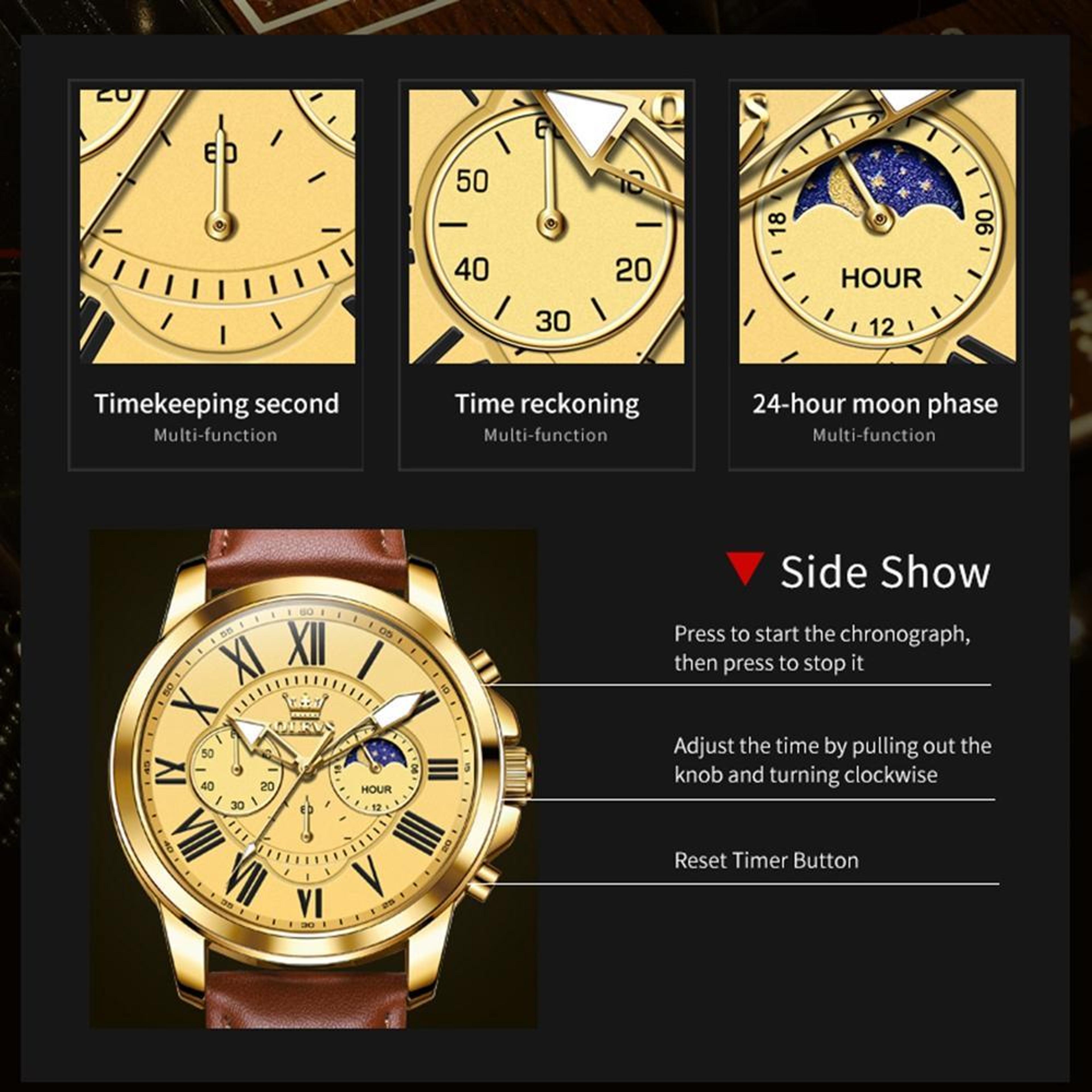 OLEVS 9998 Mens Quartz Watch Diamond Dial Waterproof Leather Business Watch With Dual Calendar 3