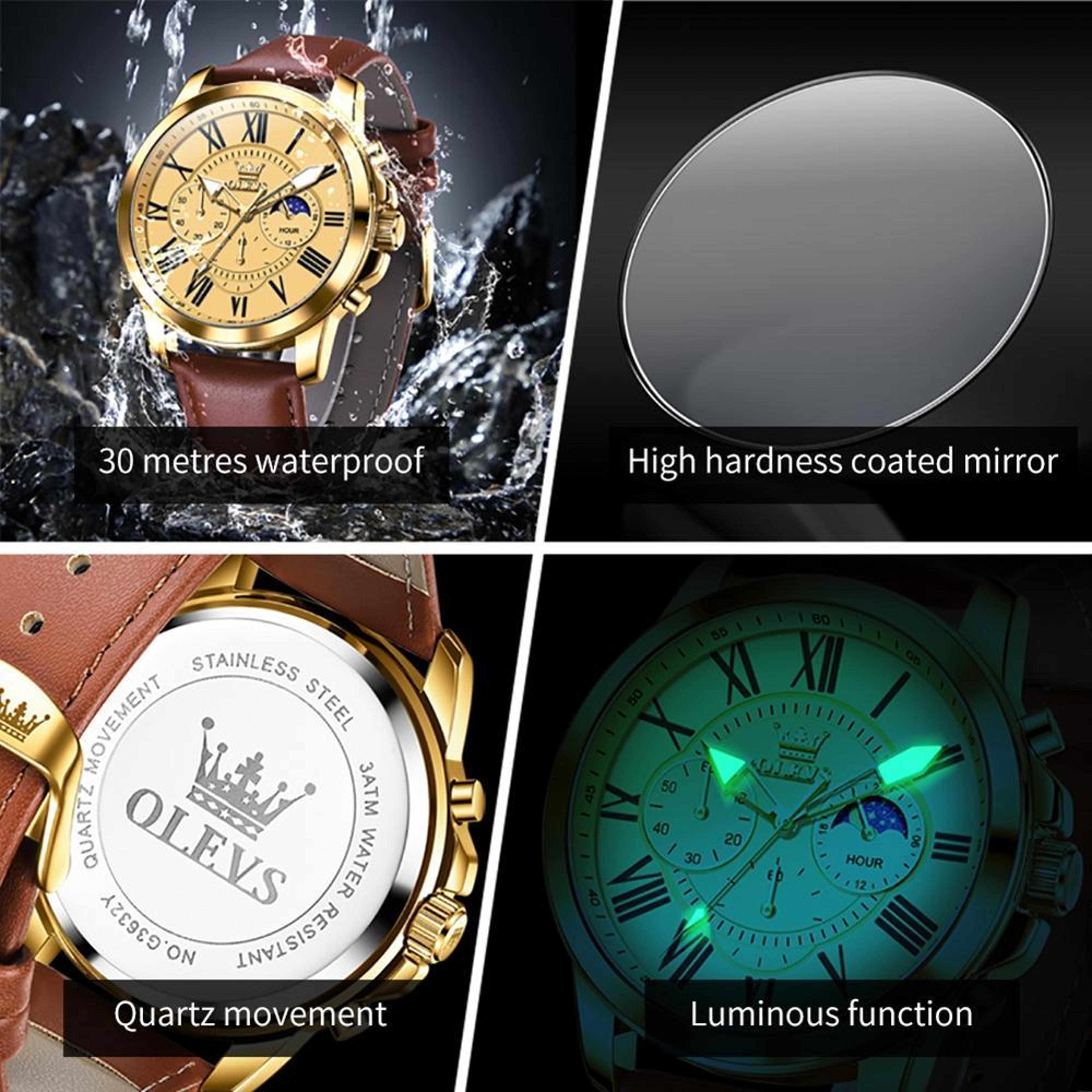 OLEVS 9998 Mens Quartz Watch Diamond Dial Waterproof Leather Business Watch With Dual Calendar 5