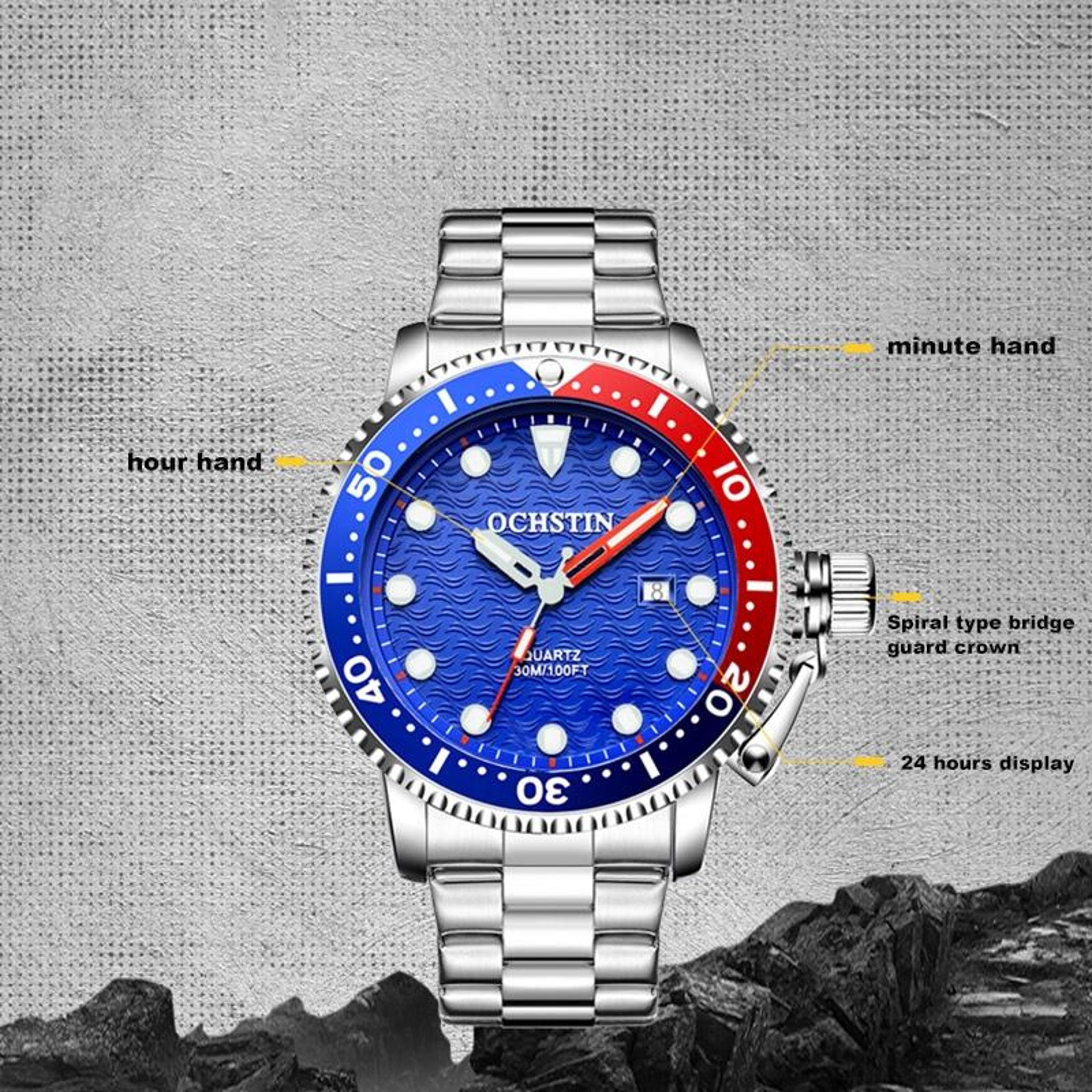 OCHSTIN Men Waterproof Quartz Watch Stainless Steel 7