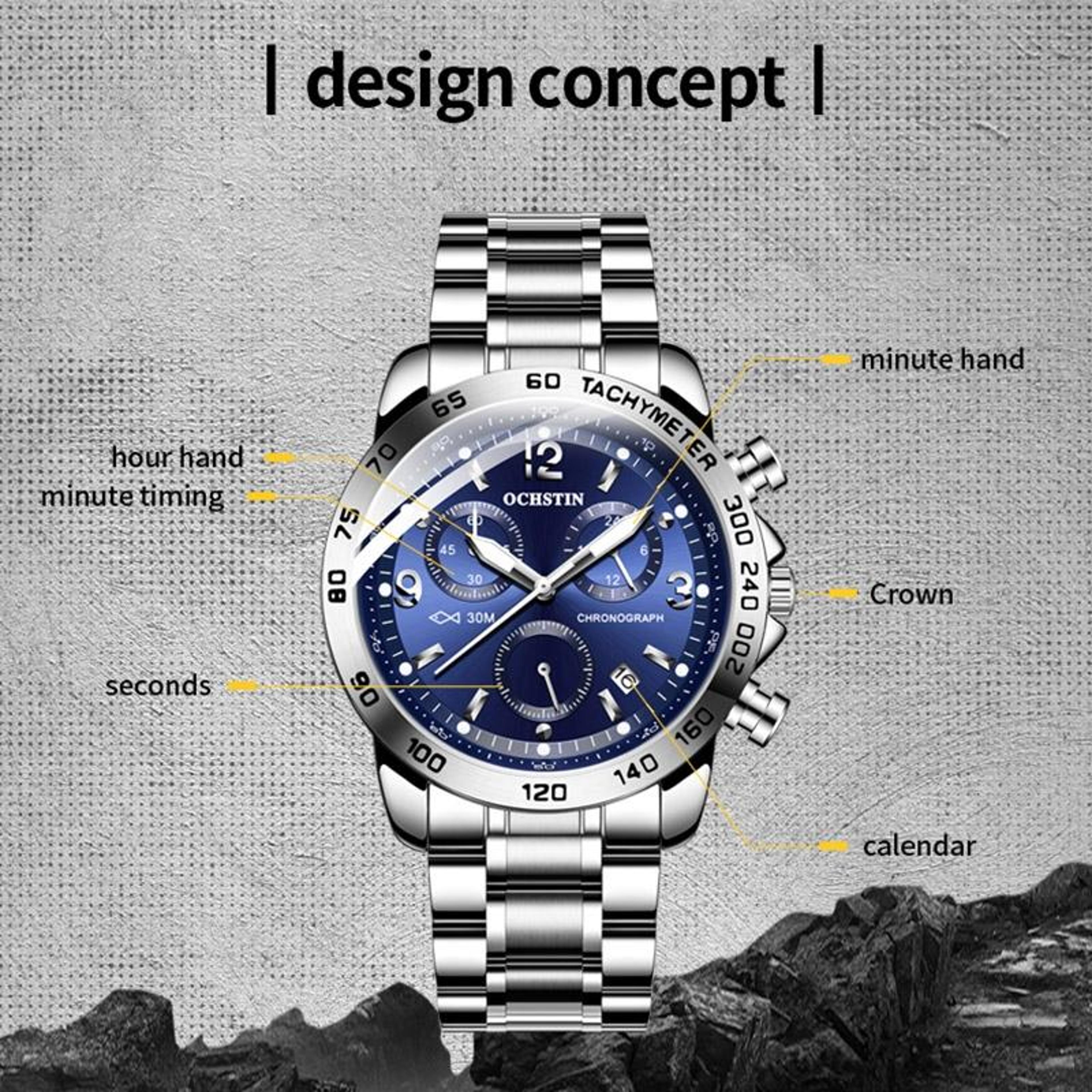 OCHSTIN 6123B Mens Quartz Watch Stainless Steel Waterproof Luminous Watch 5