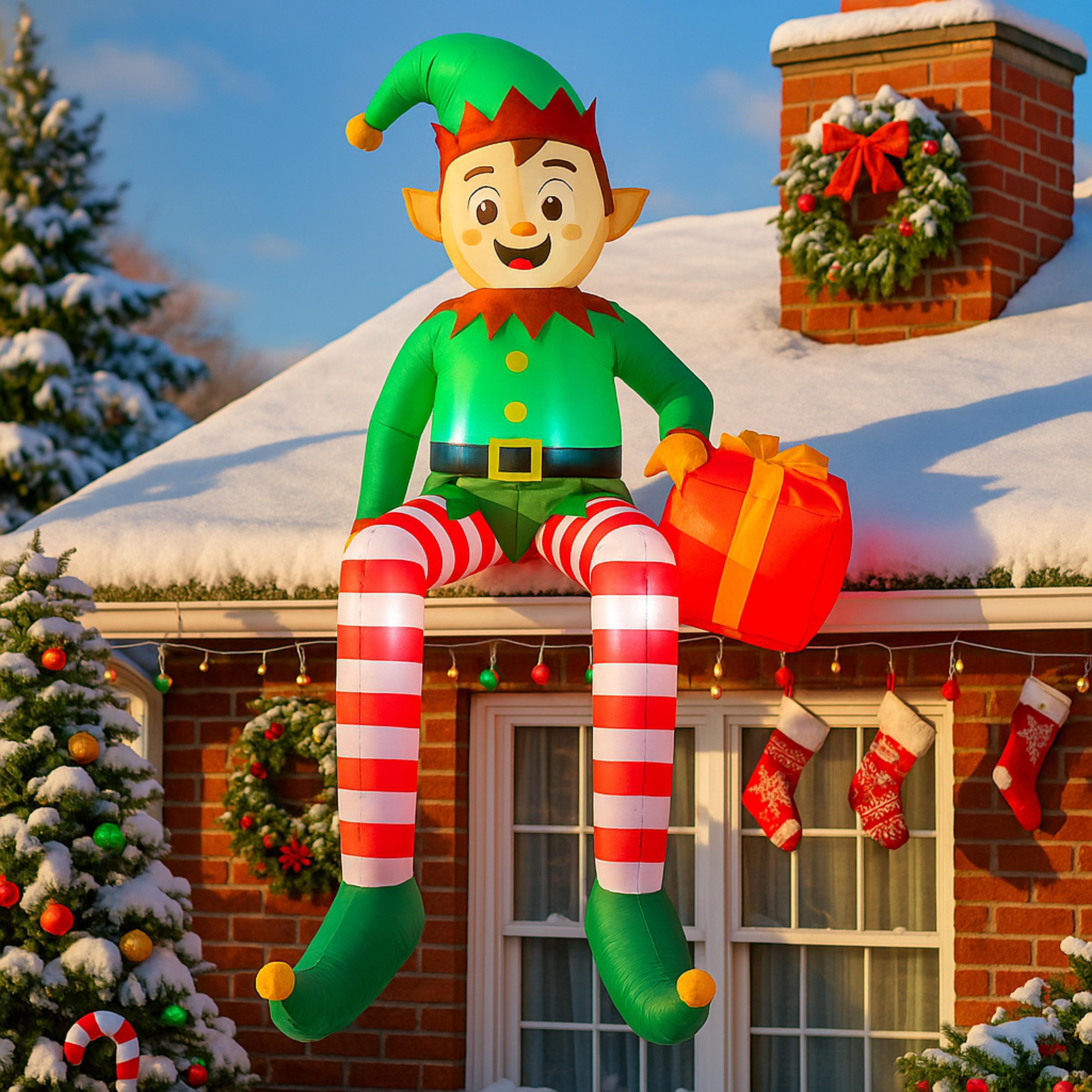 Christmas Inflatable Sitting Elf Holding Gift Bag Holiday DIY Decoration LED Light Xmas Outdoor Toy 0