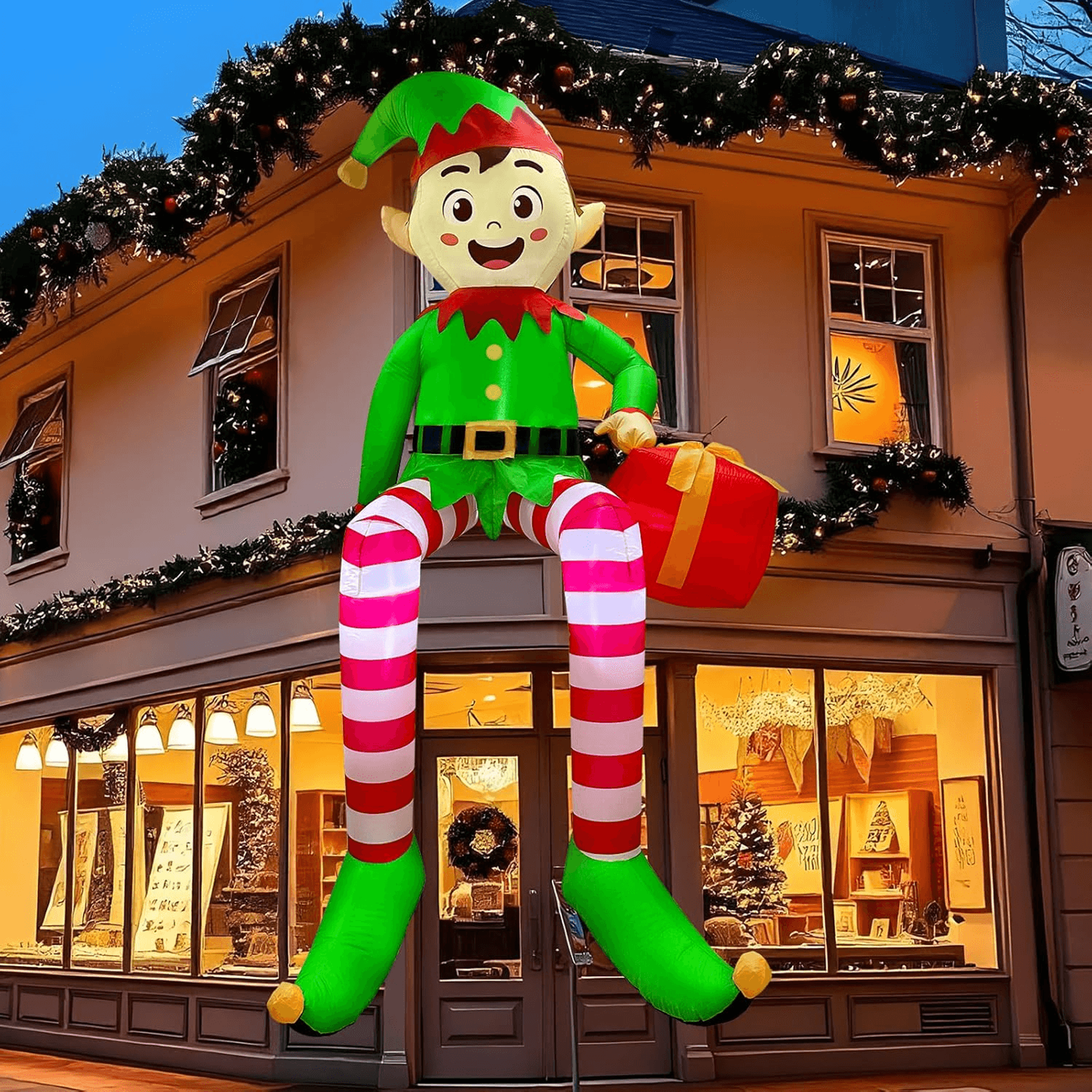 Christmas Inflatable Sitting Elf Holding Gift Bag Holiday DIY Decoration LED Light Xmas Outdoor Toy 3