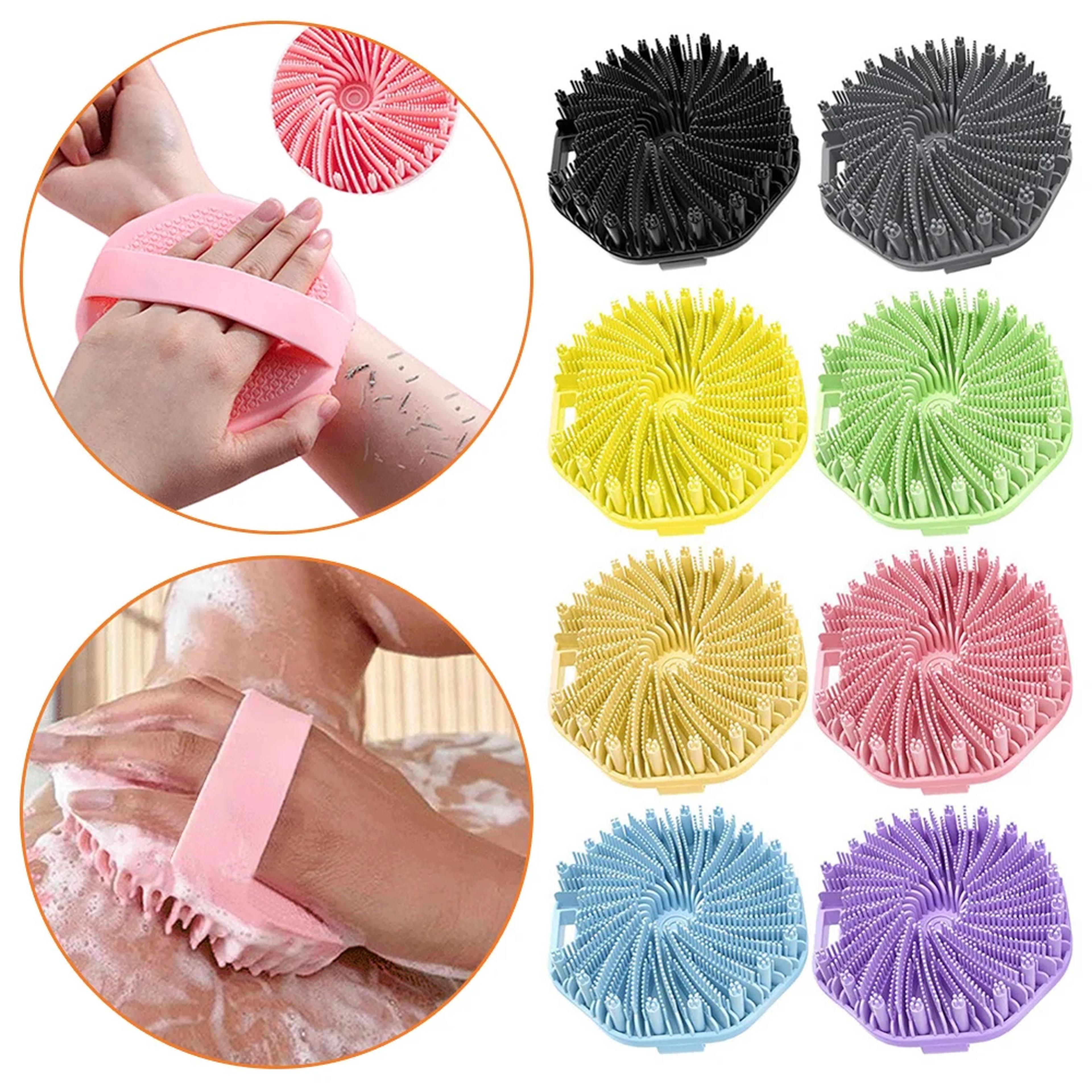 exfoliating shower scrubber, silicone body scrubber with non-slip hand strap, shower body buffer for soft skin