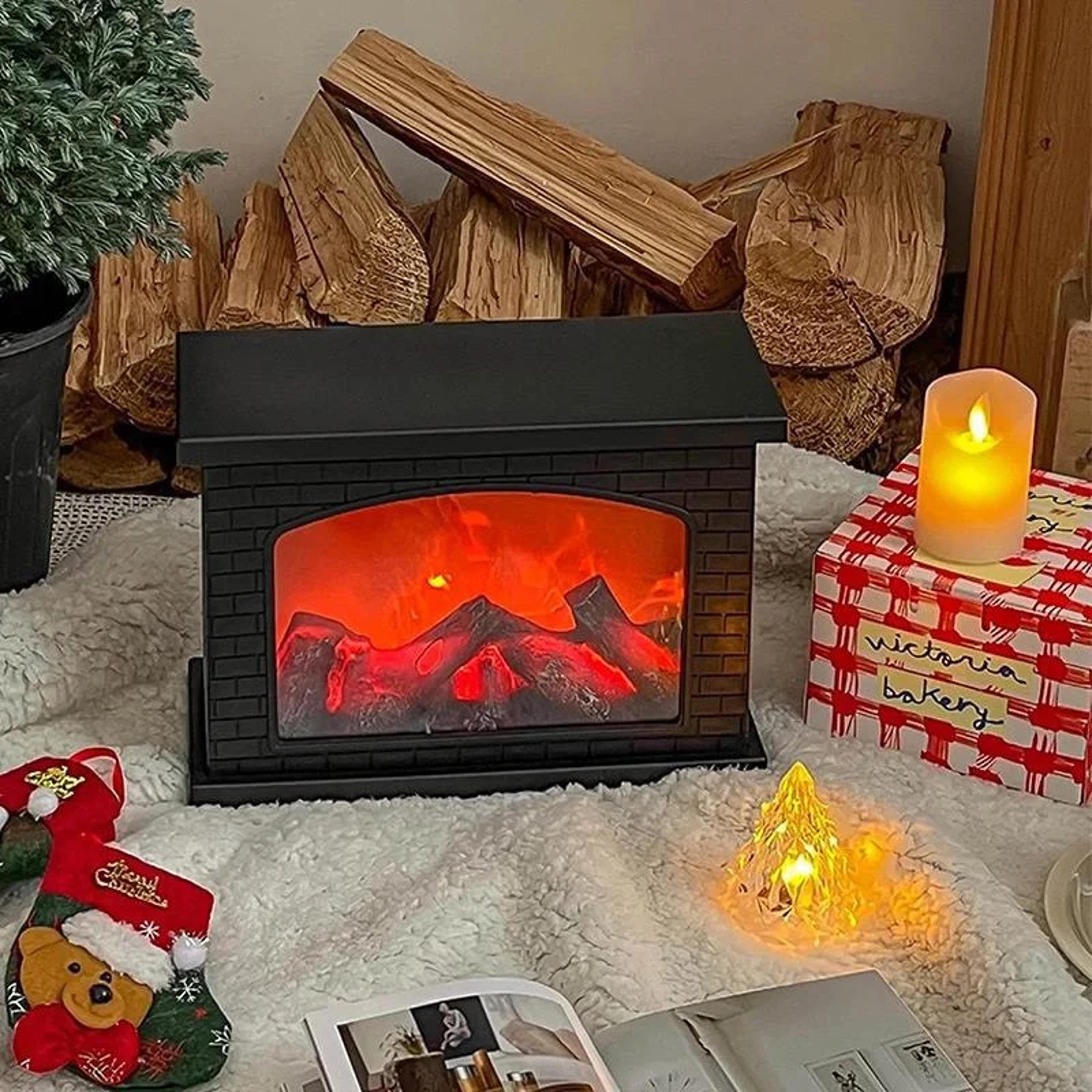 led table lights lamp for holiday winter, fireplace flame light charcoal style
