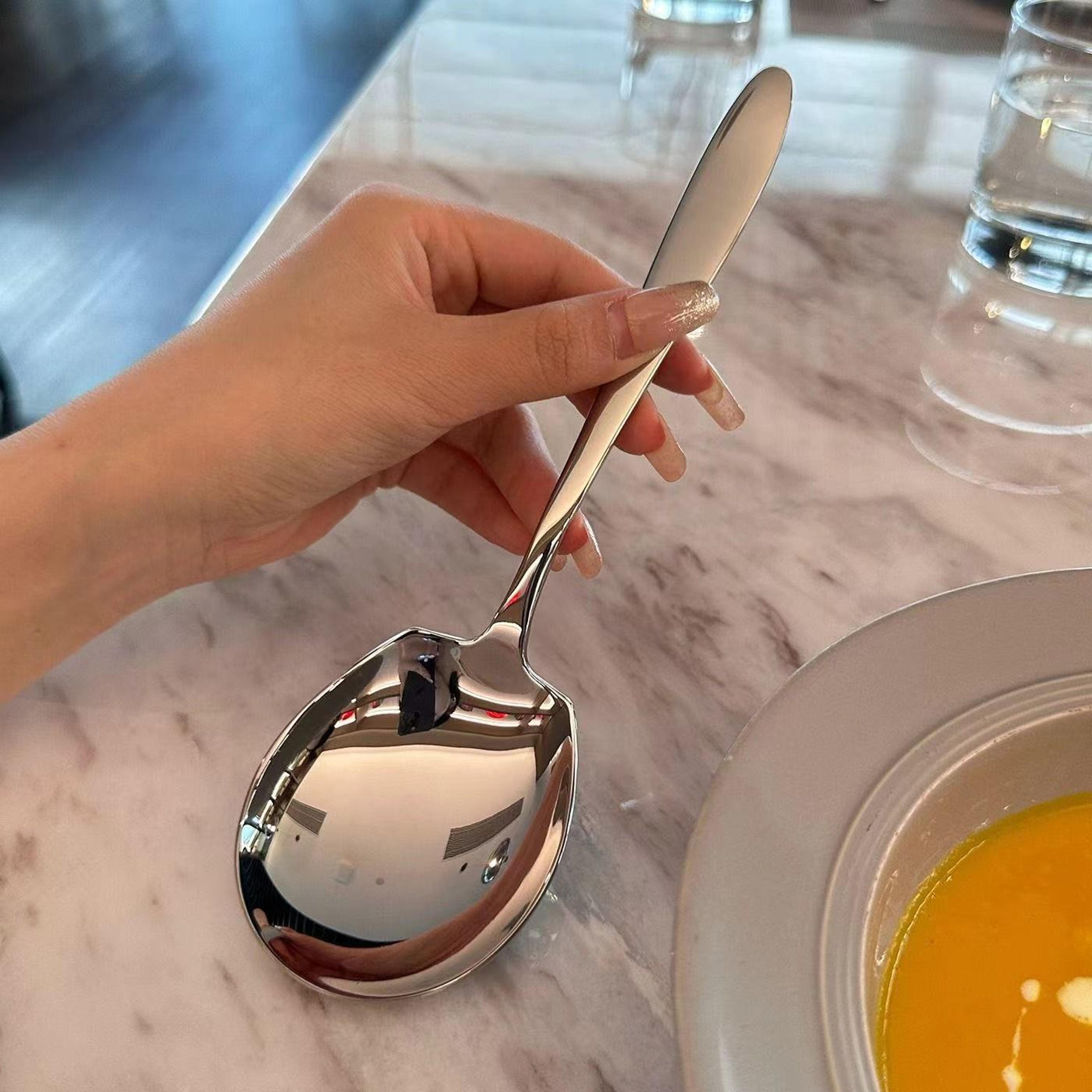 large size dining spoon, big head stainless steel round spoon, stirring dessert spoons for kitchen, dishwasher washable