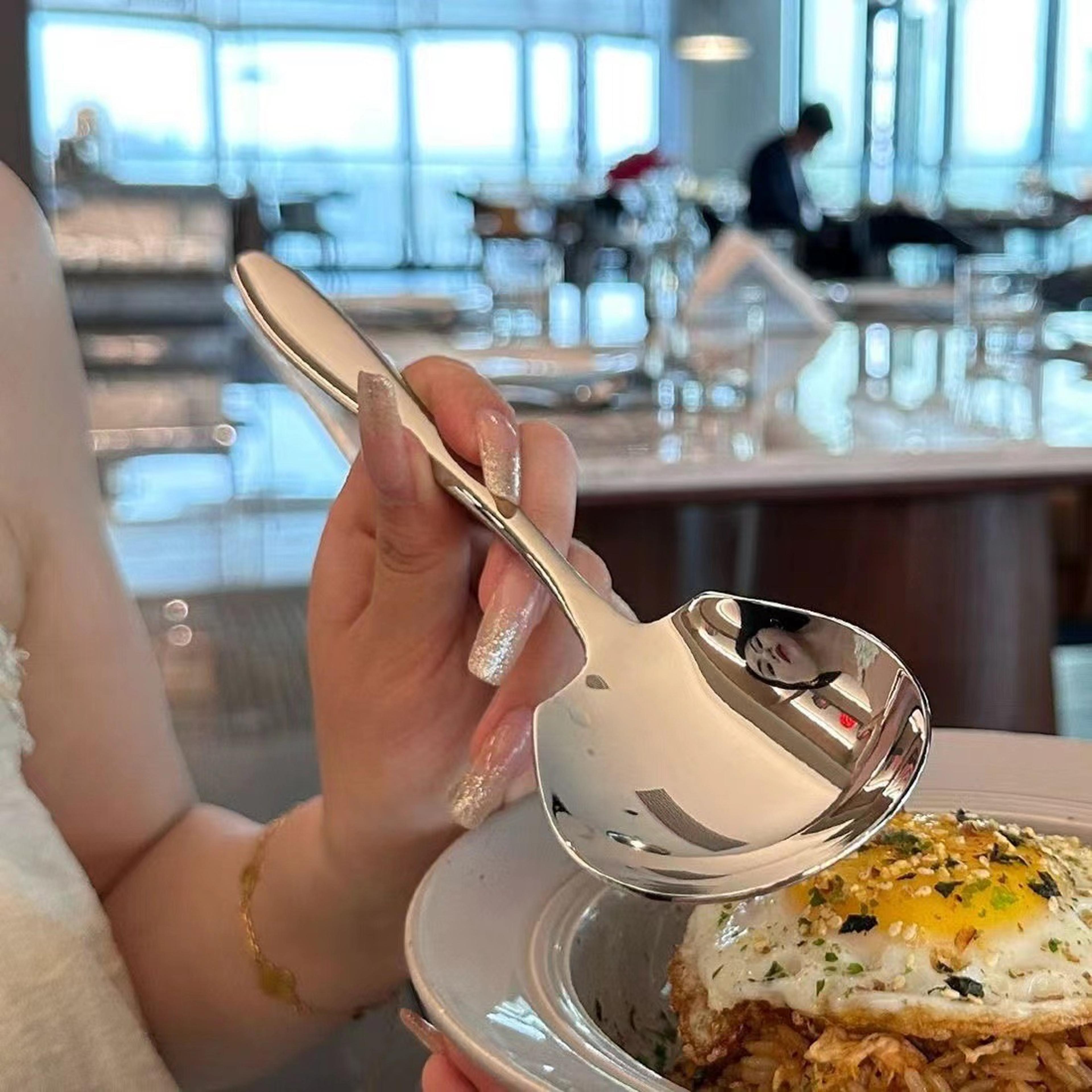 Large Size Dining Spoon Big Head Stainless Steel Round Spoon Stirring Dessert Spoons For Kitchen Di 2