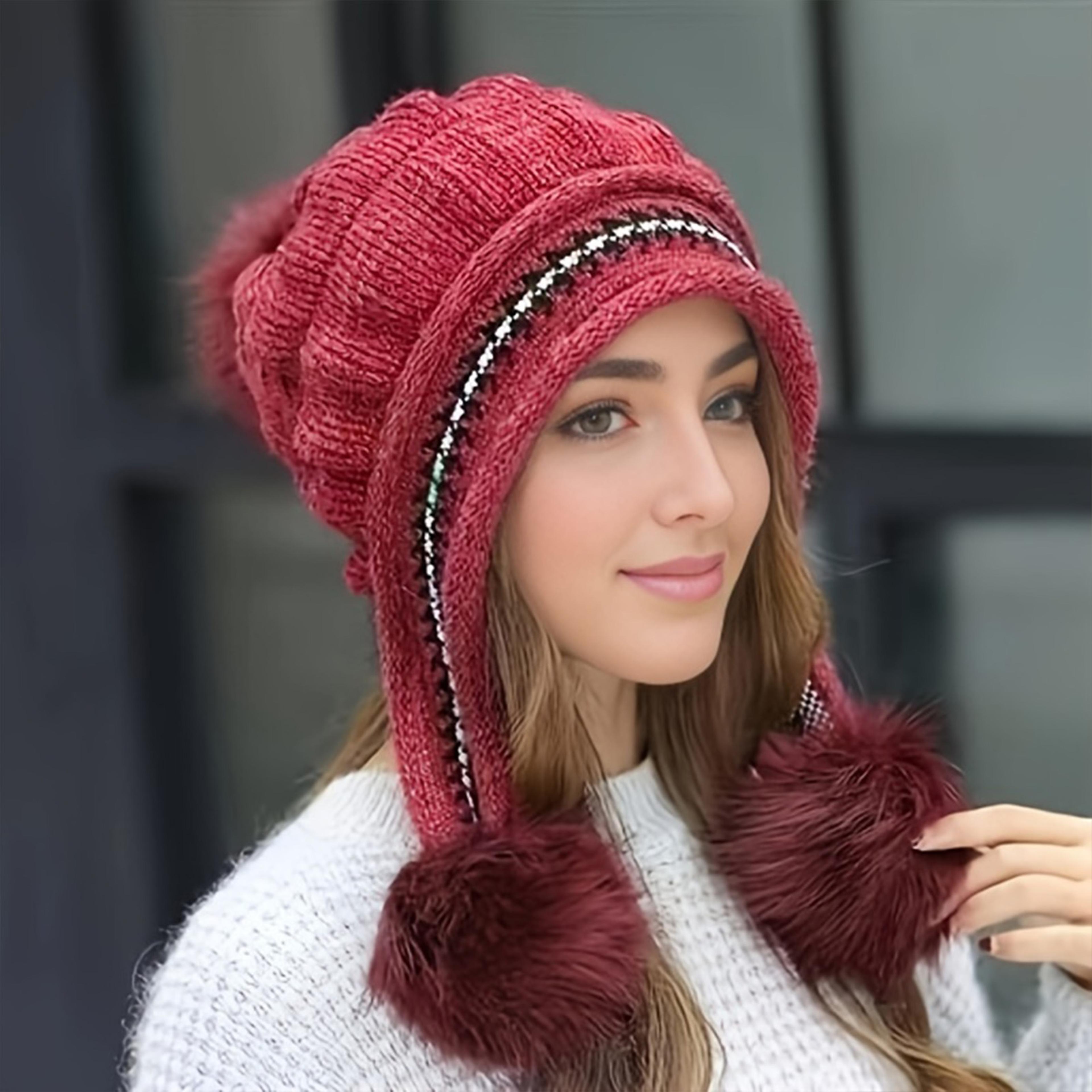 Thick Thermal Cap For Cold Weather Soft Winter Warm Fur Hat Knitted Beanie Casual Slouchy Earflap H 6