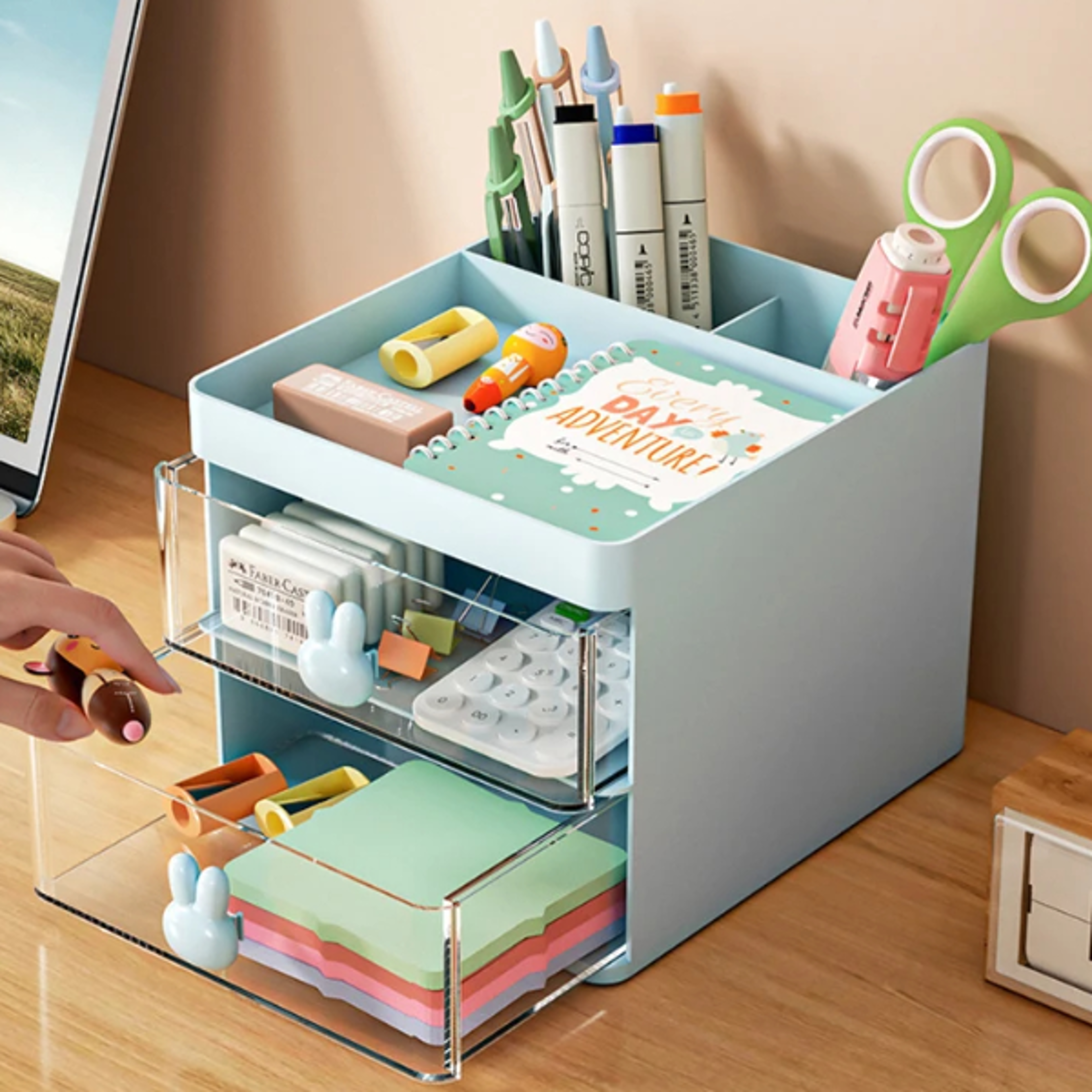 Office Desktop Storage Box Small Desk Organizer with Drawer Makeup Organizer for Business Cards P