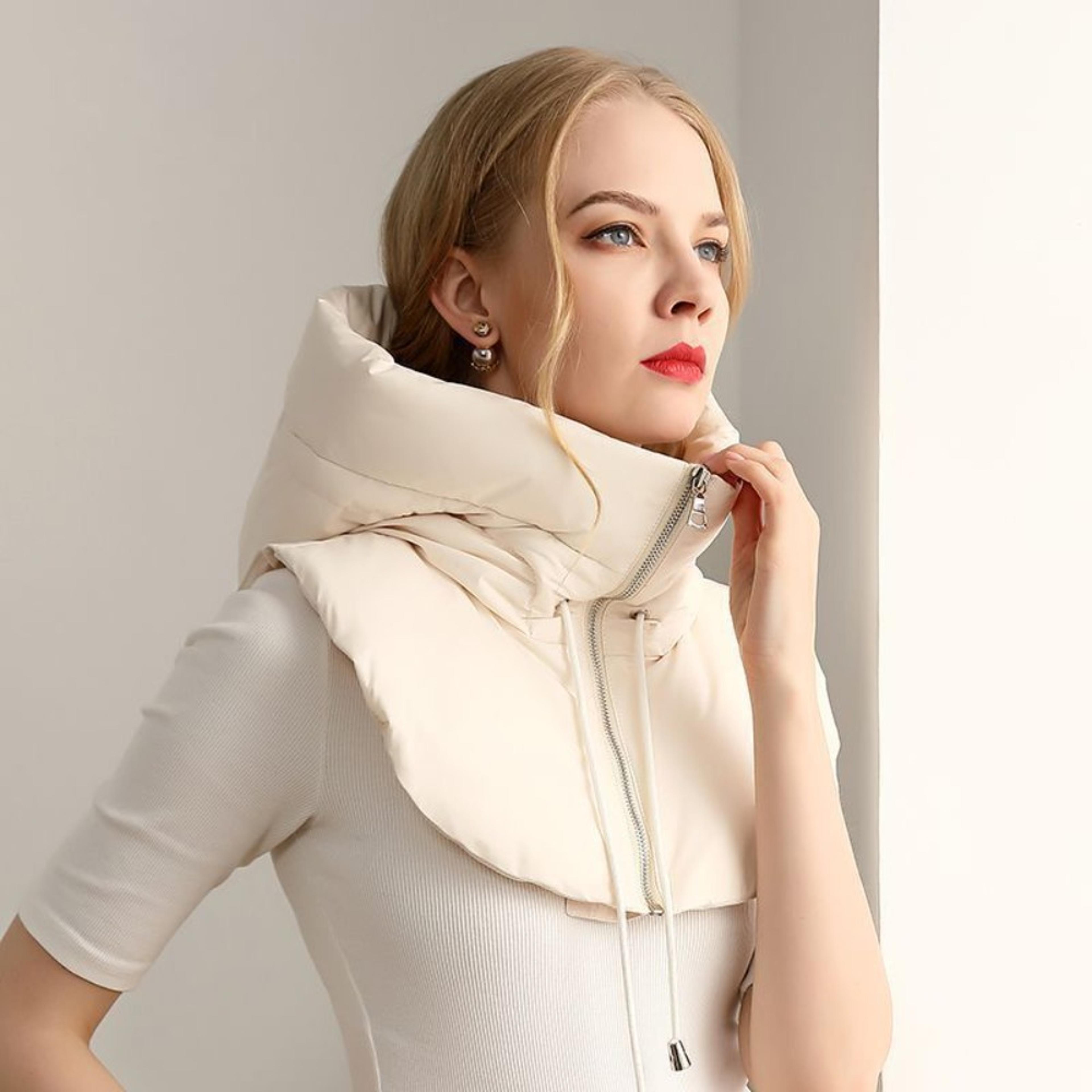 Womens Ultralight Down Hooded Hats Drawstring Neck Cover Removable Scarf Zipper Coat Balaclava Hat 7