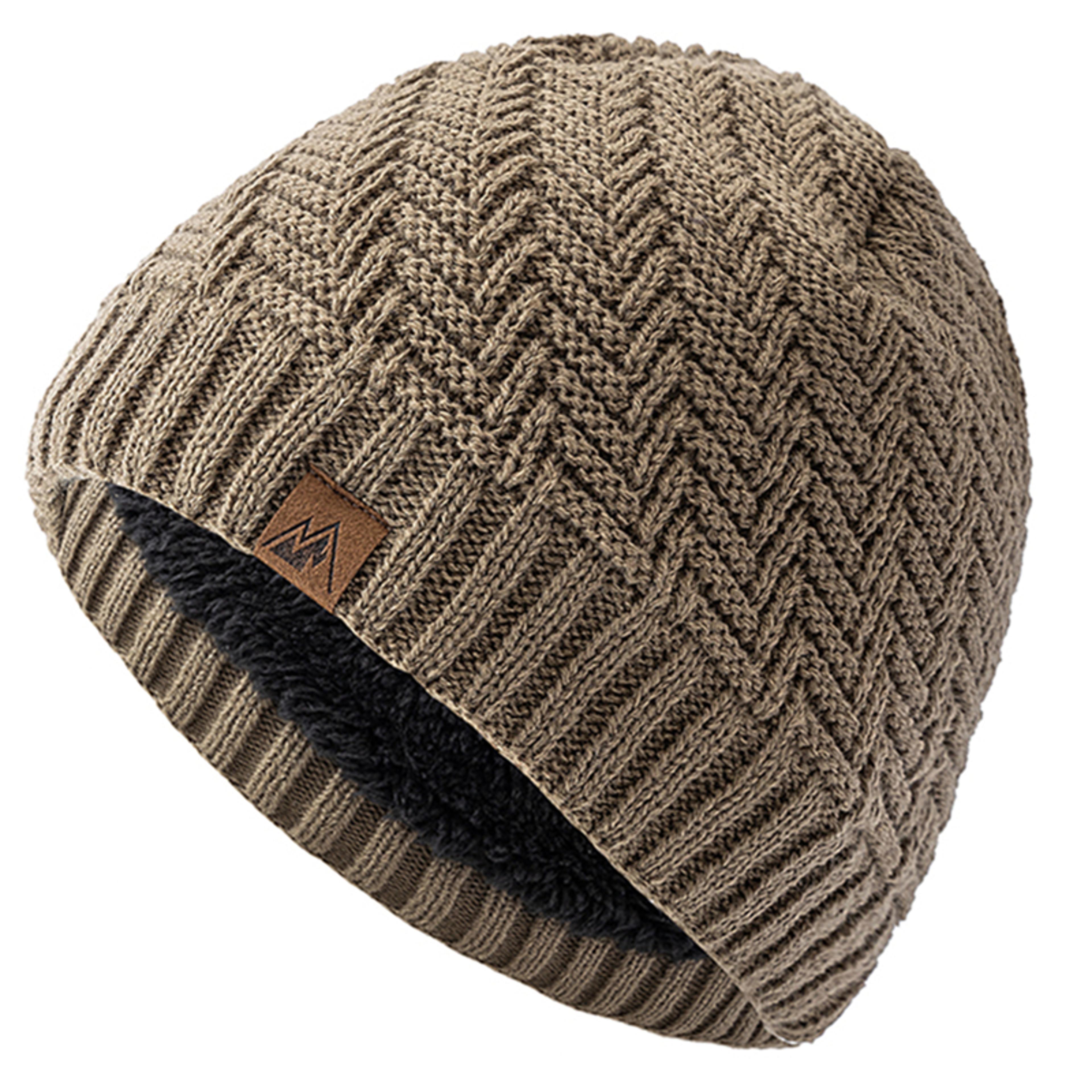winter knitted beanie cap, unisex peak label fashion hats, plush fur lined outdoor sports hat for men and women