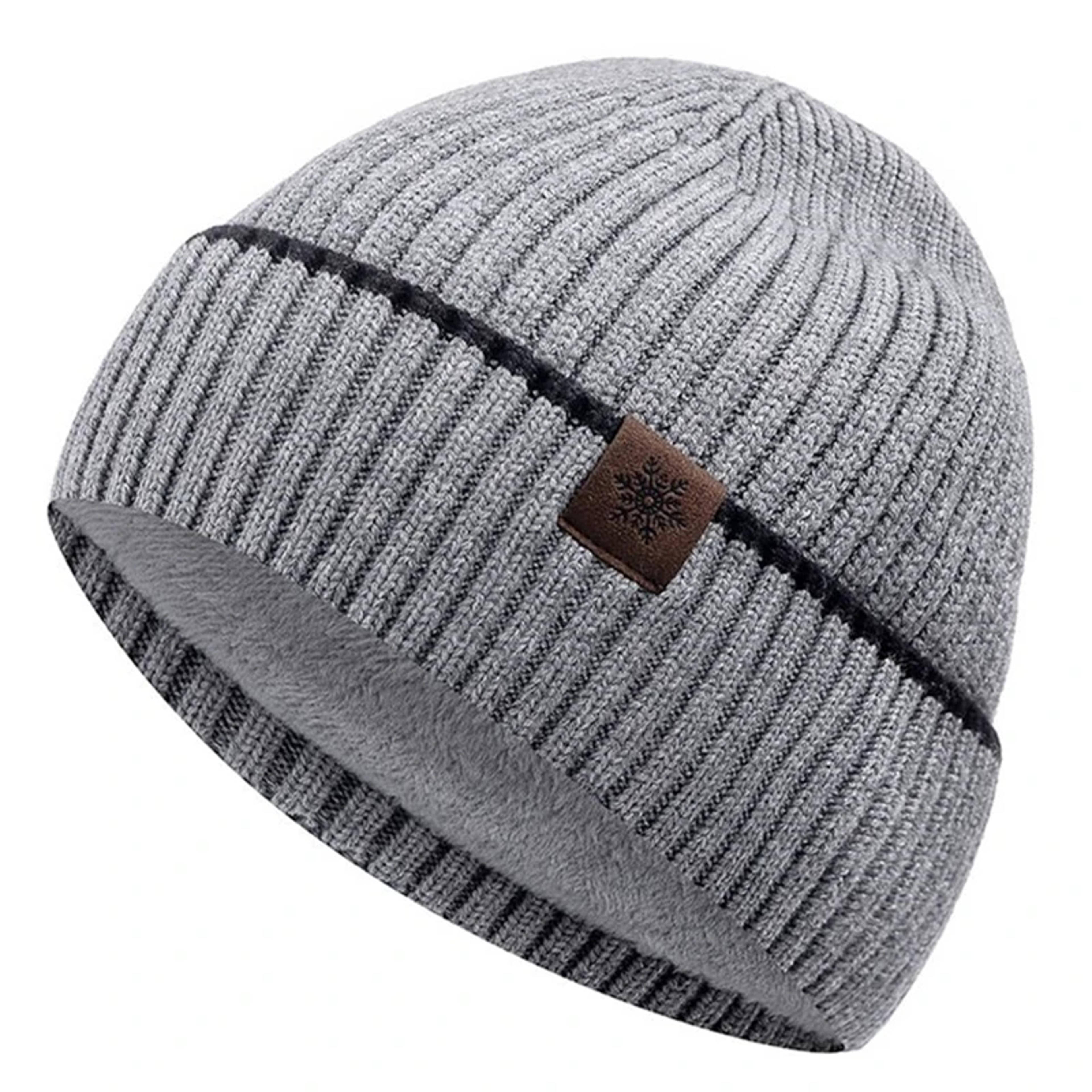 plush fleece warm winter beanie hat for men, unisex soft ski sports cap with snow label, thicken outdoor hat