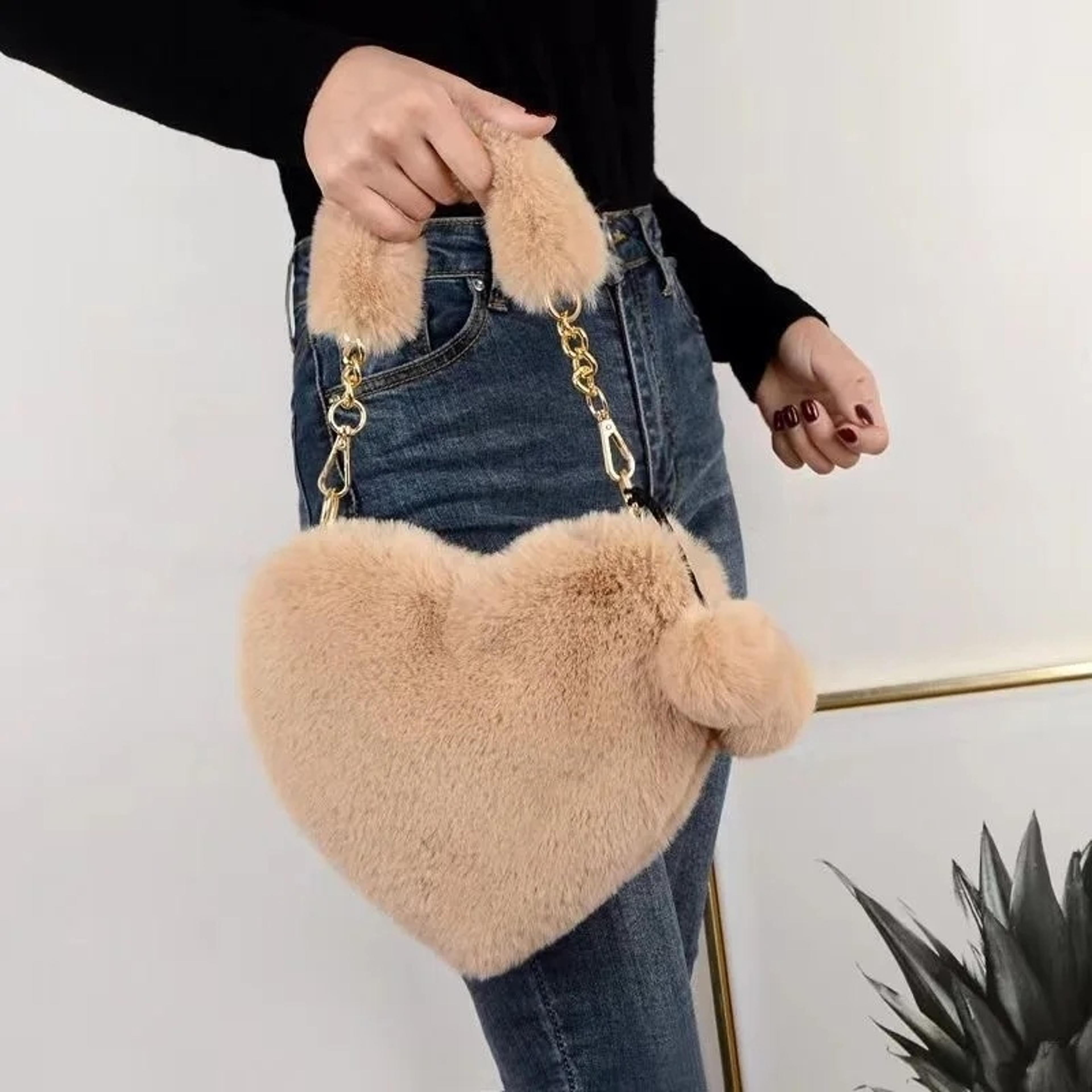 Faux Fur Heartshaped Handbag Fluffy Plush Ladies Shoulder Bag Fashion Female Furry Clutch Purse For 4