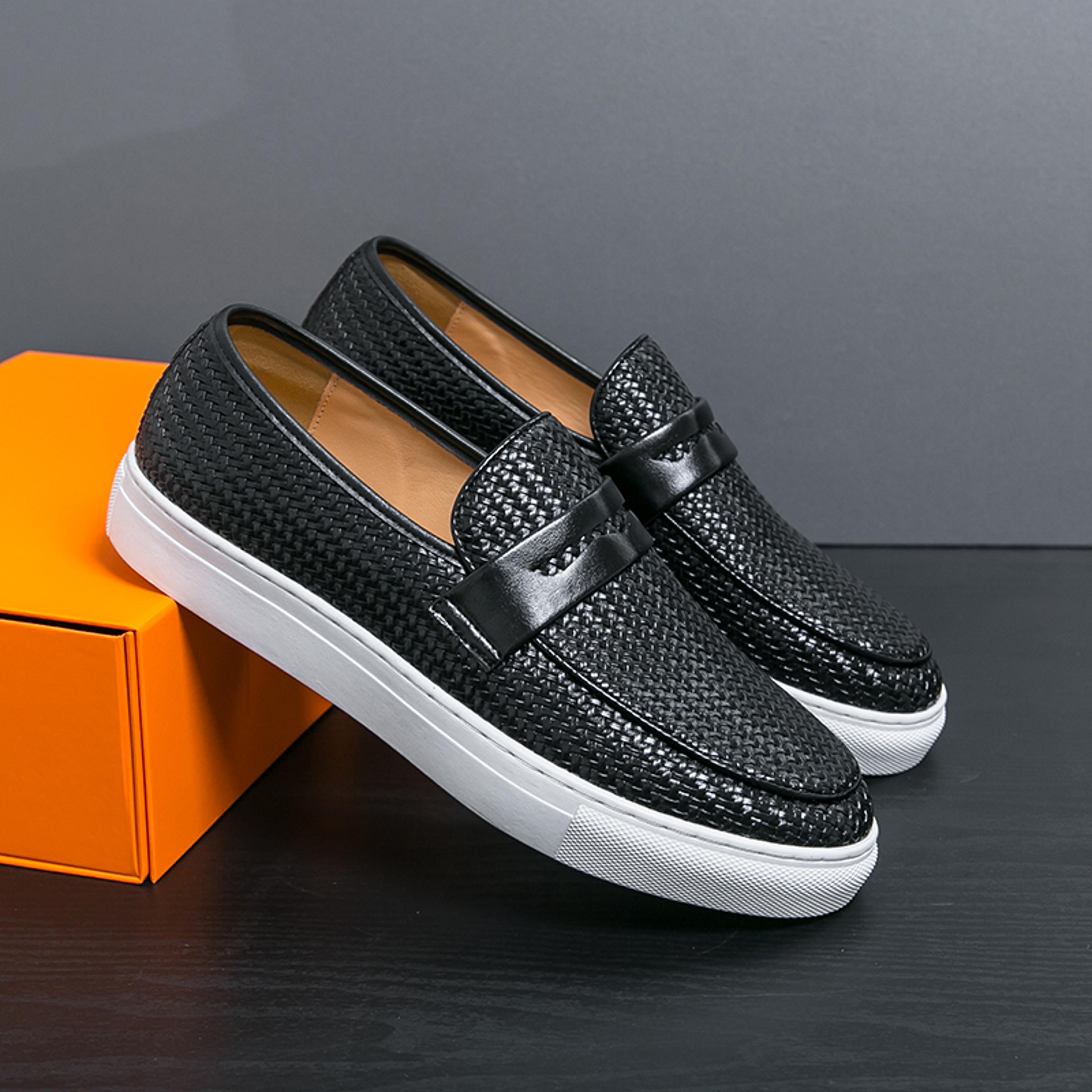 Mens Slip On Loafers Soft Leather Shoes Weave Pattern Sneakers Casual Flats 2