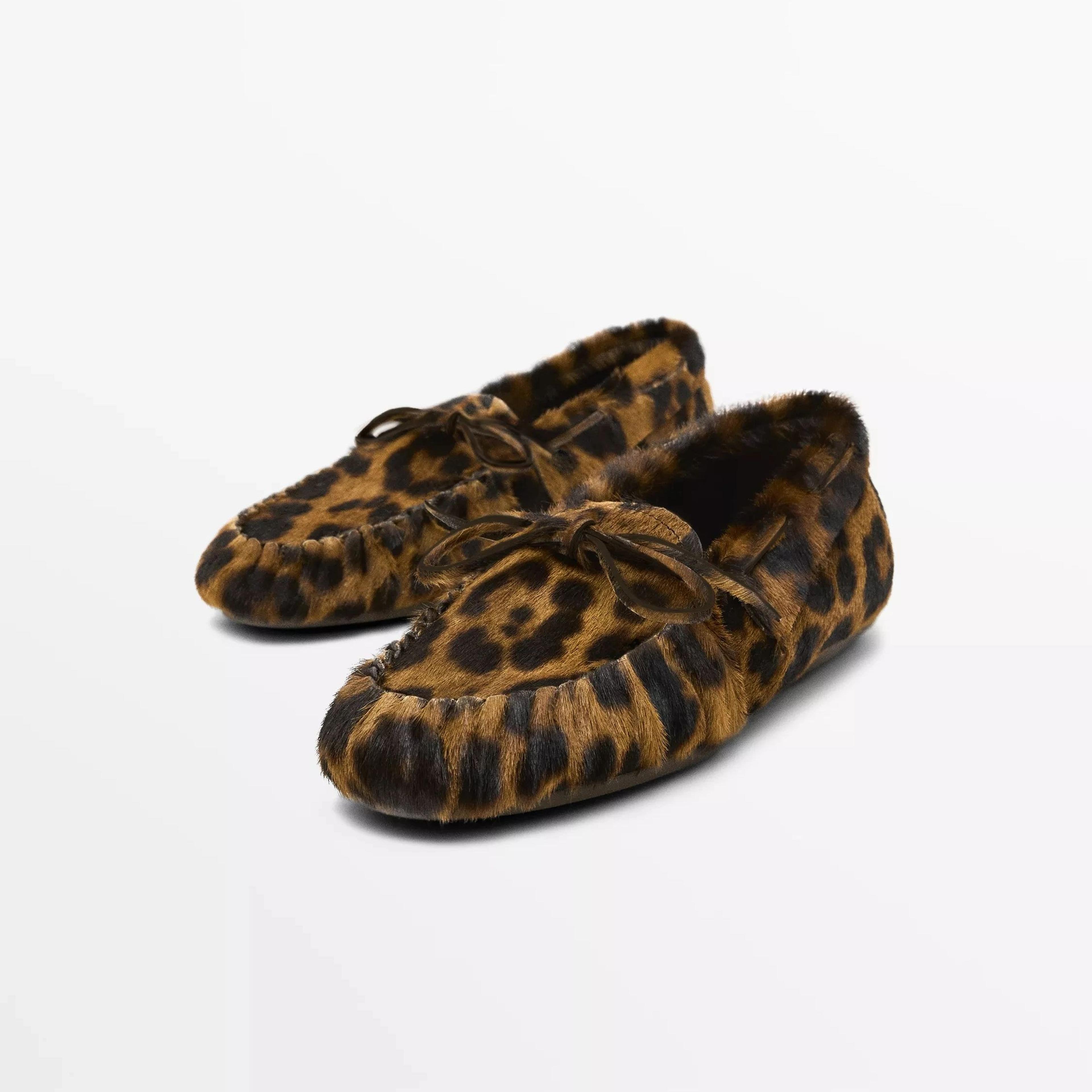 Durable Loafer Shoes For Women Cowhide Laced Up Pleated Horse Hair Leopard Print Loafers 1