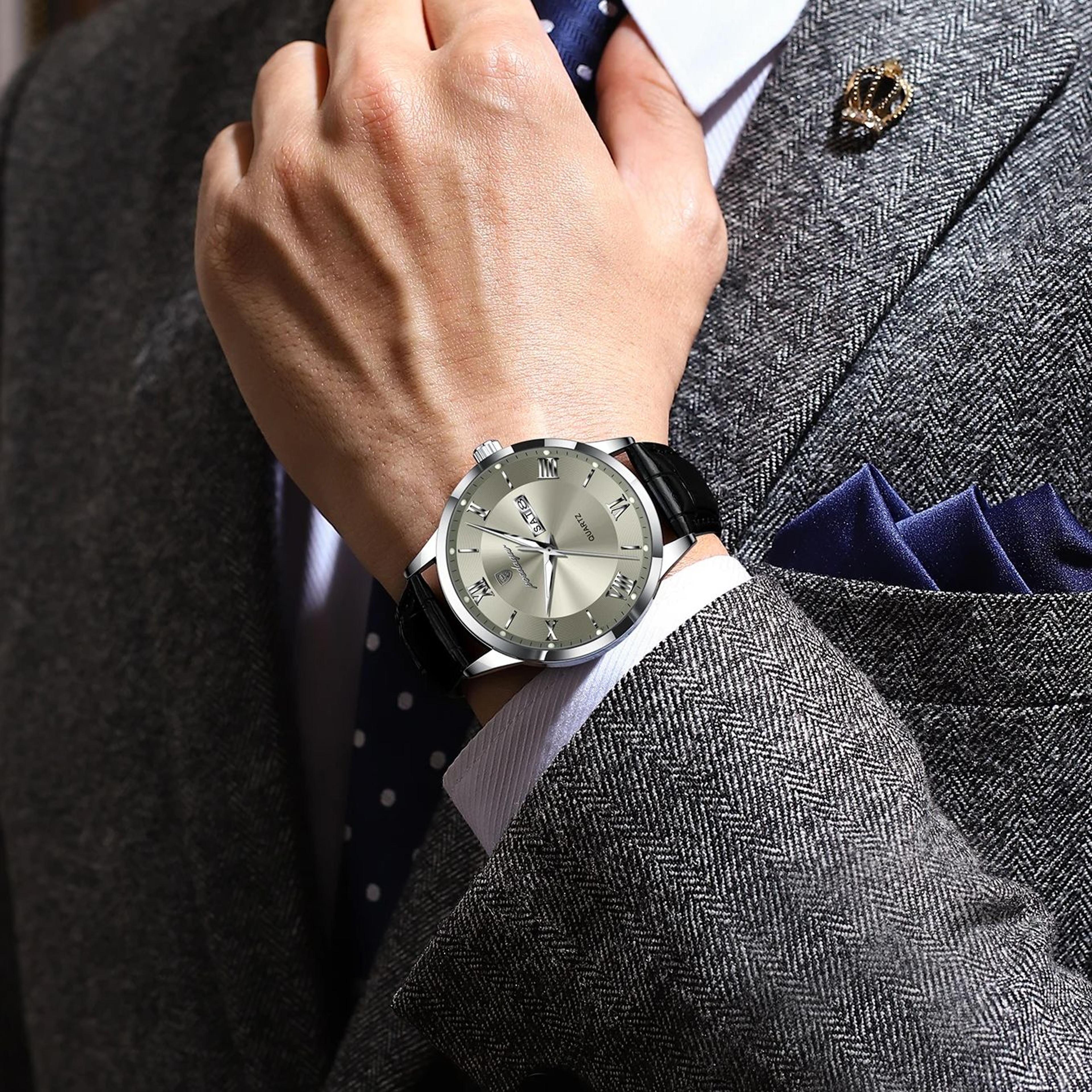 Luxury Business Wristwatch For Men Date Week Leather Quartz Male Watch Waterproof Luminous Fashion