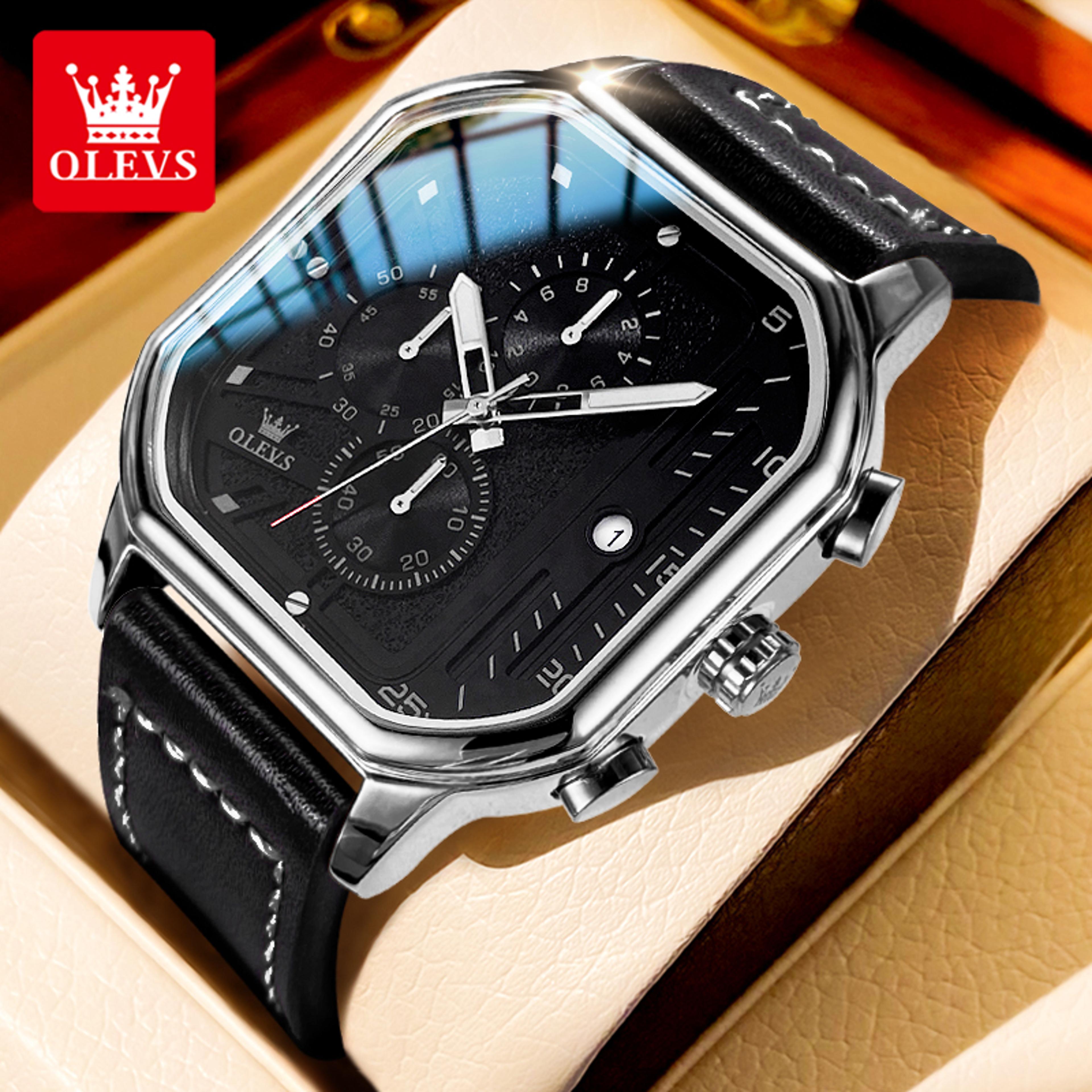 Square Waterproof Chronograph Quartz Watch Trend Brand Original Mens Watches Luminous Leather Strap 7
