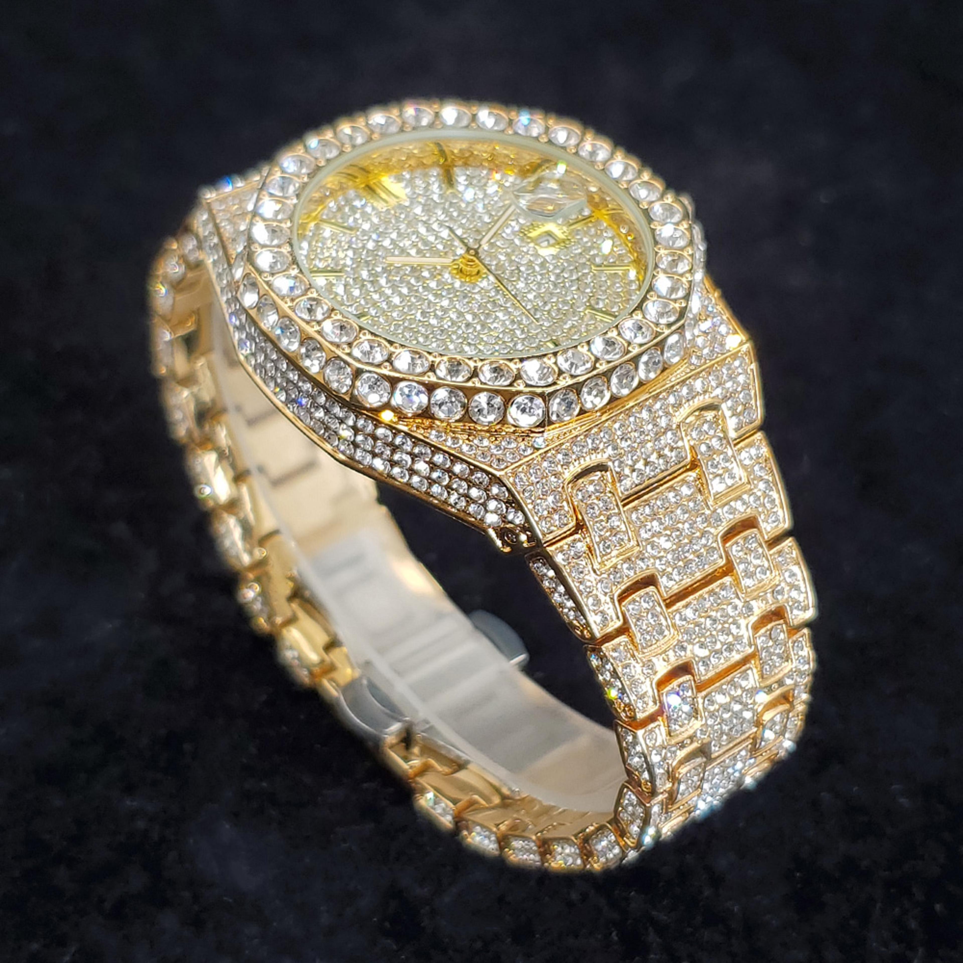 Famous Brand Fashion Iced Out Quartz Wristwatch Luxury Diamond Gold Watches For Men Shiny Stainless 2